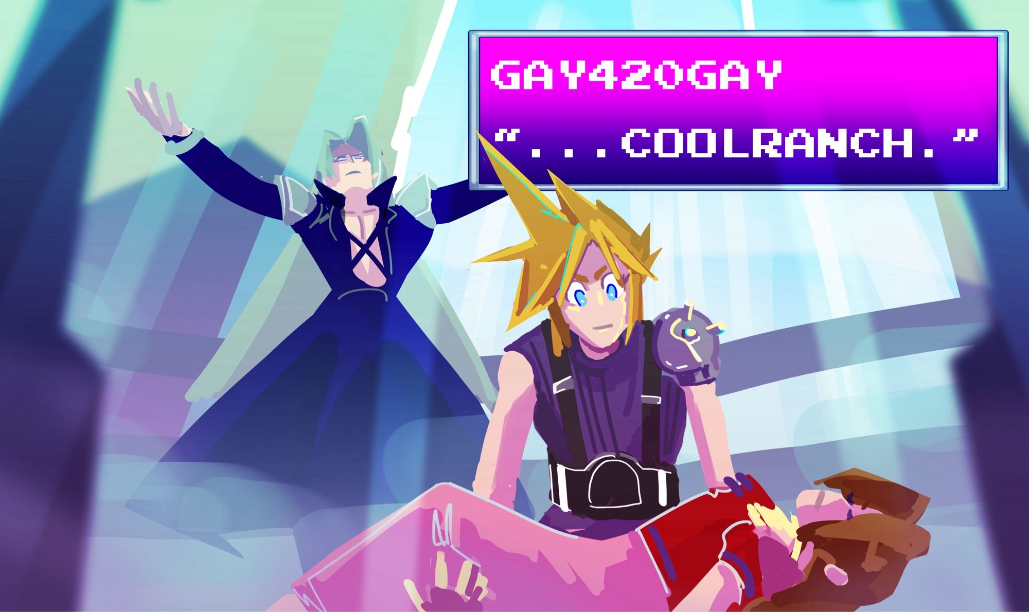 an illustrated version of a meme screenshot from final fantasy 7. Cloud, in this case named ‘gay420gay’, holds the body of aerith — named ‘coolranch’