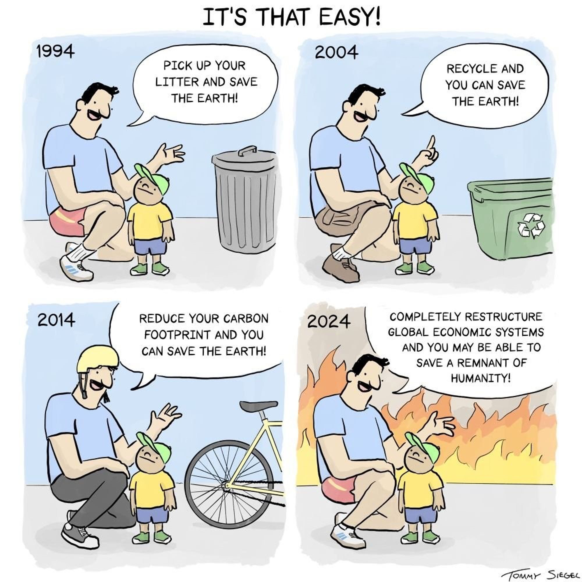 Four panels of a cartoon in which an adult speaks to a child.

1994 (in front of a rubbish bin): "Pick up your litter and save the earth!"
2004 (in front of a recycle bin): "Recycle and you can save the earth!"
2014 (next to a bicycle): "Reduce your carbon footprint and you can save the earth!"
2024 (in front of a massive wildfire): "Completely restructure global economic systems and you may be able to save a remnant of humanity!"