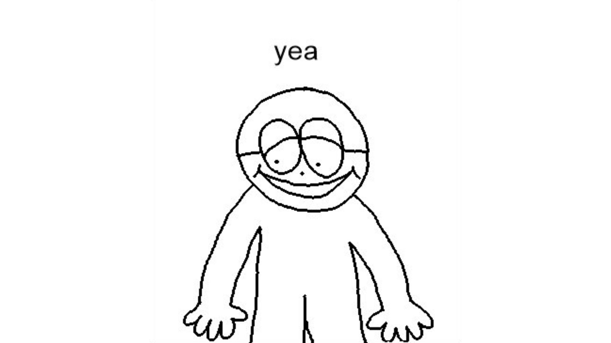 Line drawing of a little guy looking down and saying “yeah”.