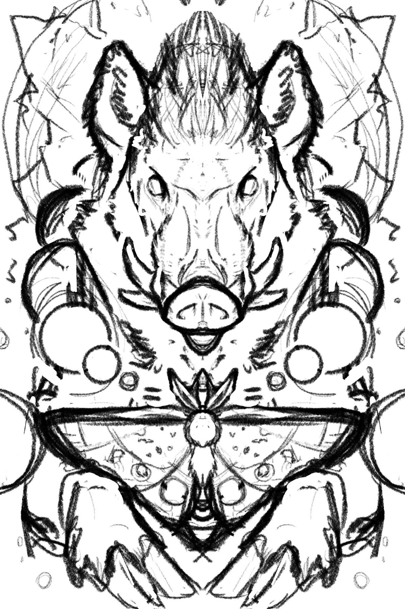 A rough digital sketch of a European boar lifting up a moth with its hooves. Orbs frame its neck and textures decorate the background