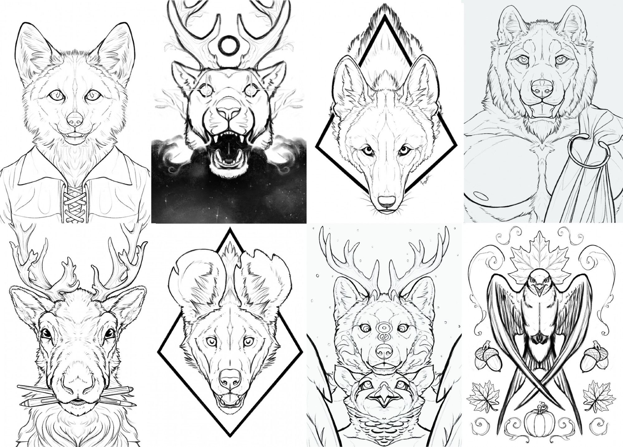 An array of digital mirror portraits. From the top left to bottom right:
A anthropomorphic fox wearing a fancy tunic, a puma with antlers spewing stars, a coyote looking serious, a Scottish muscled werewolf, a caribou holding art supplies, an African wild-dog, an antlered wolf cuddling a cute grffin, and an autumnal themed swallow.