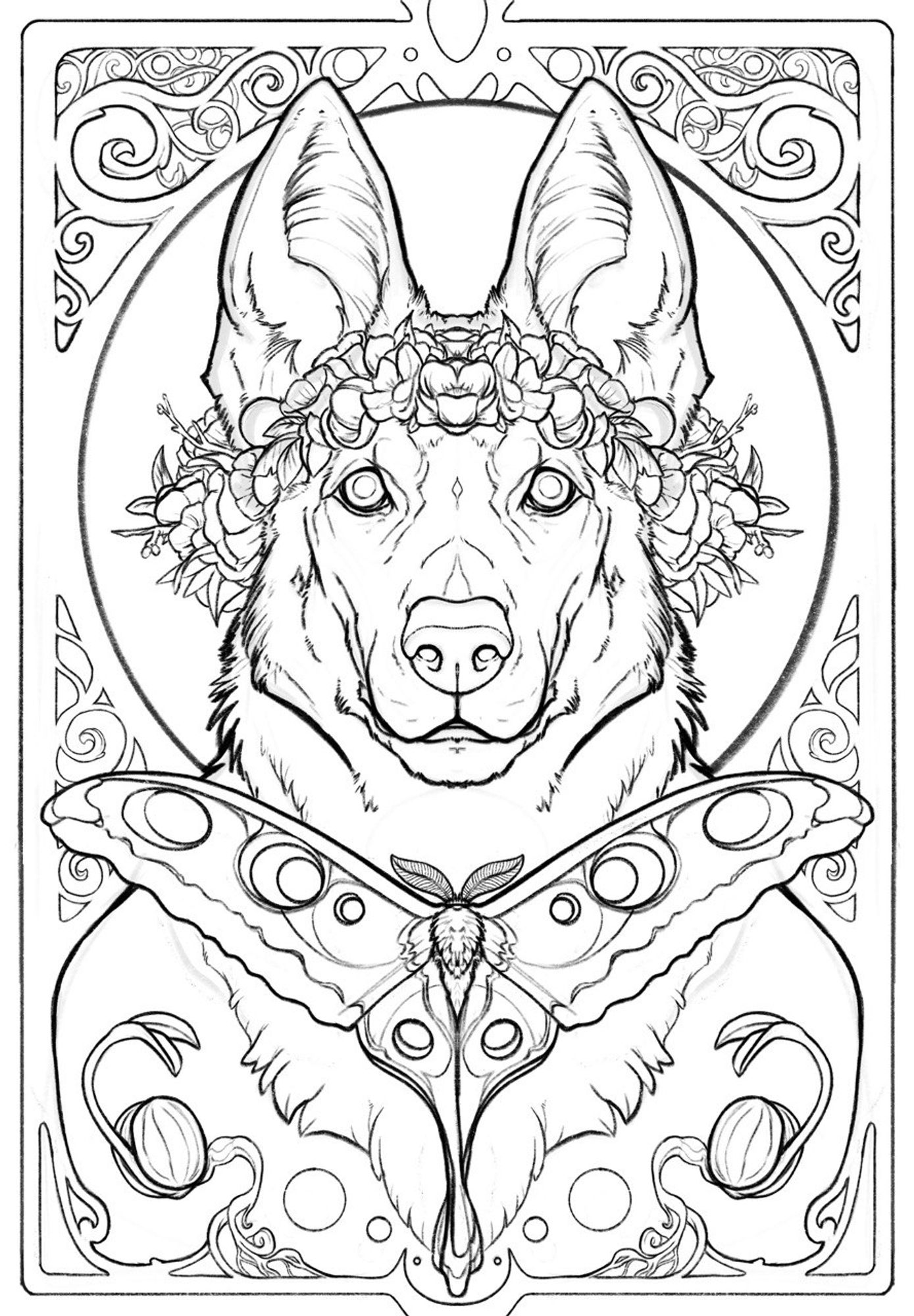 a more complex digital mirror portrait of a German shepherd with a  flower crown and a moth. The border is shaped by sprouting seeds twisting into a frame.