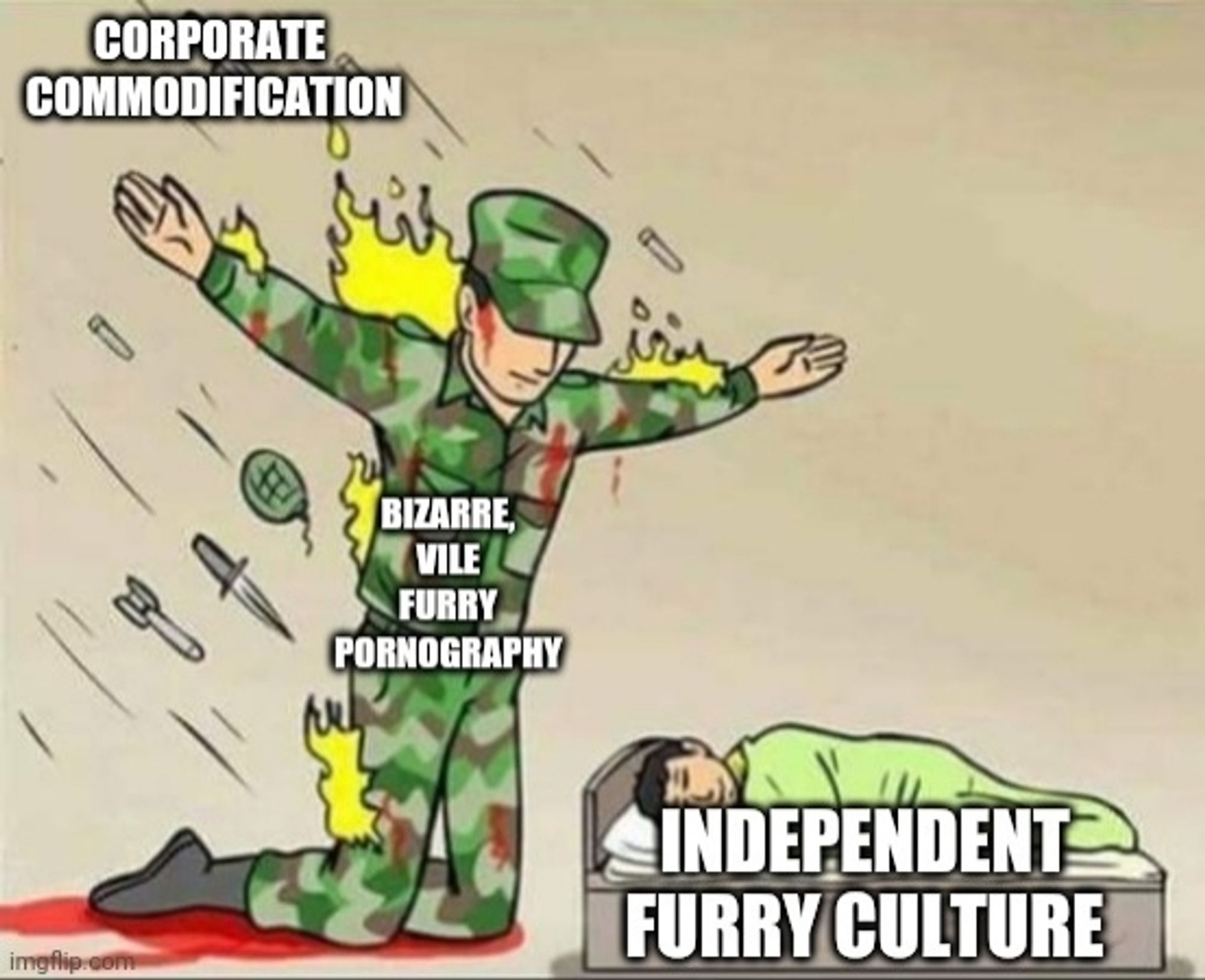 A meme of a soldier labelled "bizarre, vile furry pornography" protecting a child labelled "independent furry culture" from bombs and guns labelled "corporate commodification"