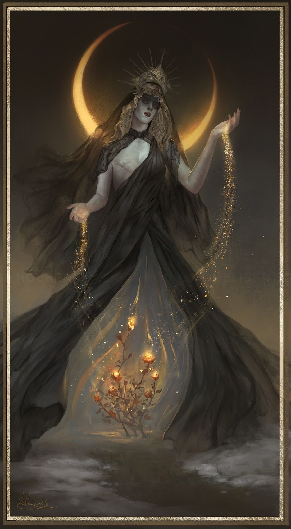 A person with a crown and a black dress and veil. Some glowing flowers are juste beneath it, and they spread some sparkles on it. There is a huge moon on the background