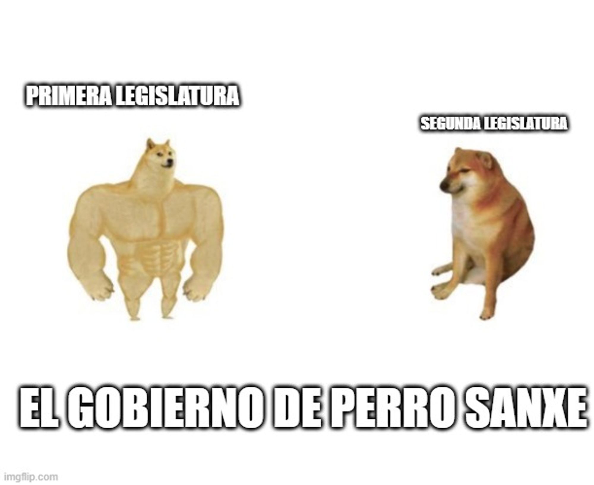 El gobierno de Perro Sanxe. El perro grande es la primera legislatura y el perro xico y así como amuermao es la segunda.