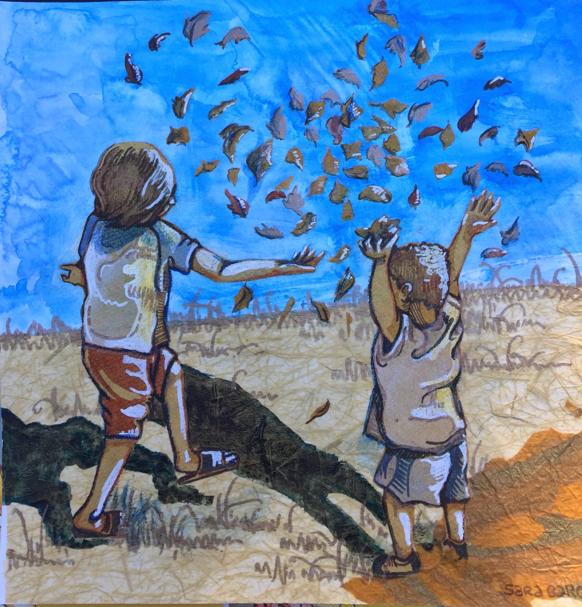 Mixed media illustration of two kids throwing leaves in the air. Sky is mottled watercolor blue, leaves and ground are cut paper in brown, tan, and gold. The children have prominent shadows.