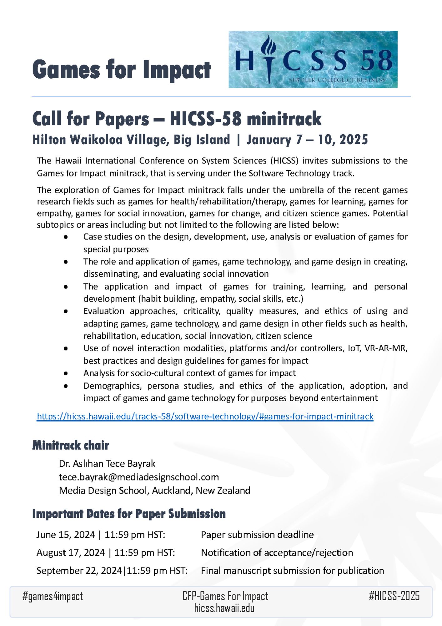 Call for Papers poster for Games for Impact minitrack at HICSS 2025. The image lists some potential topics, contact details of the track chair, and important dates for paper submission.