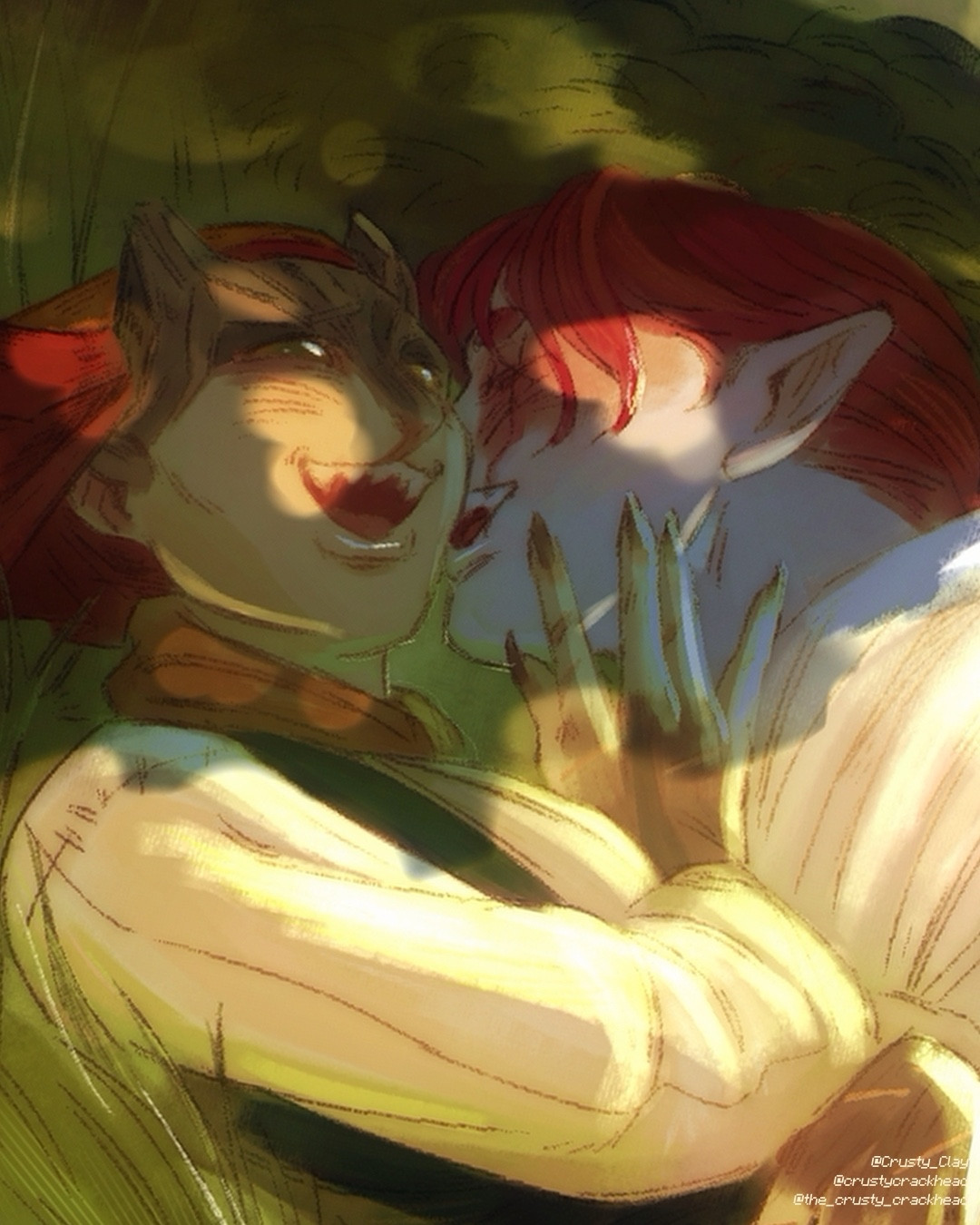 A close up of a A digital painting of two people happily cuddling in the shade of a tree! 