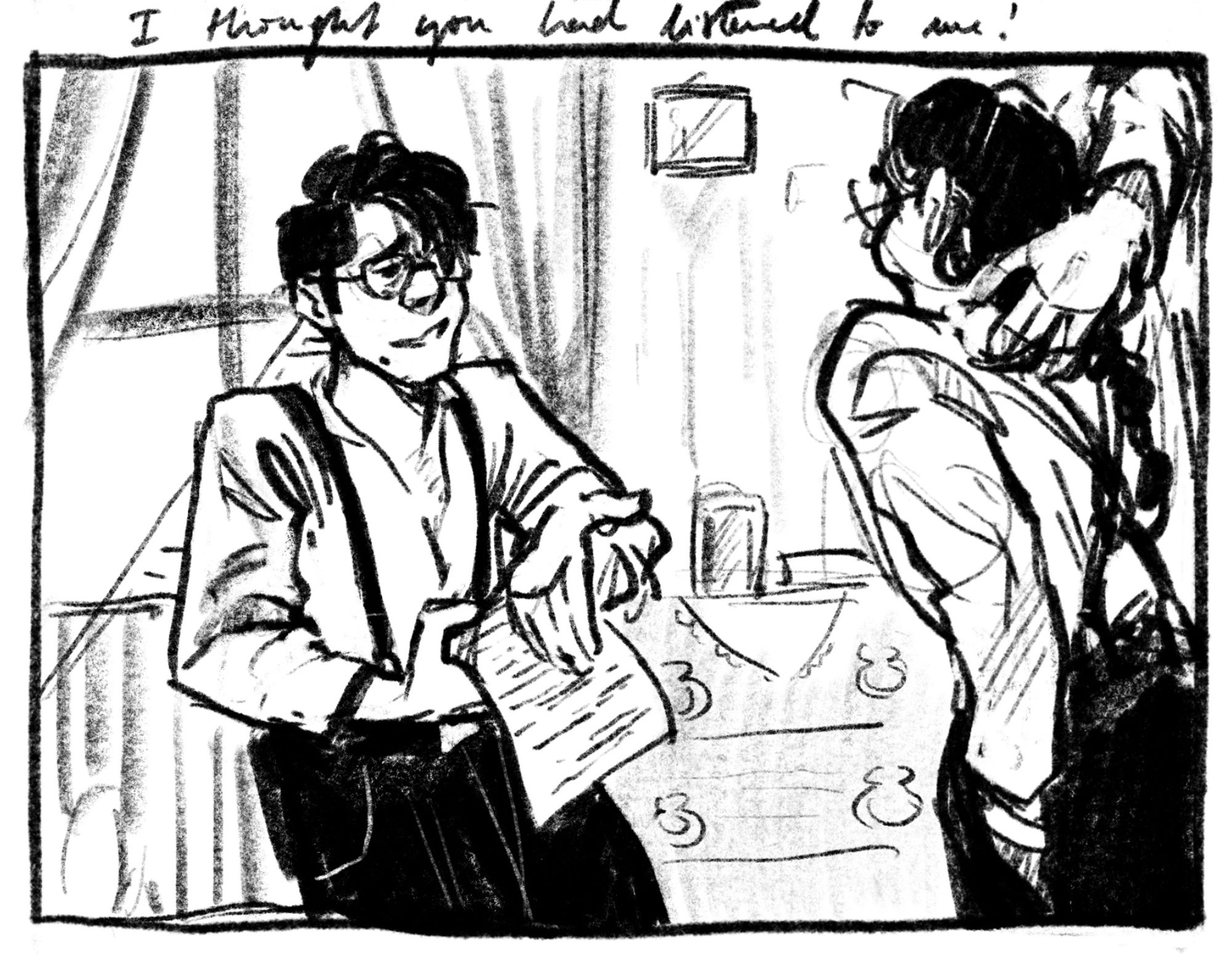 prompt: i thought you had listened to me! pencil style sketch of the same brothers, one complaining about a letter, the other listening with embarrassed body language