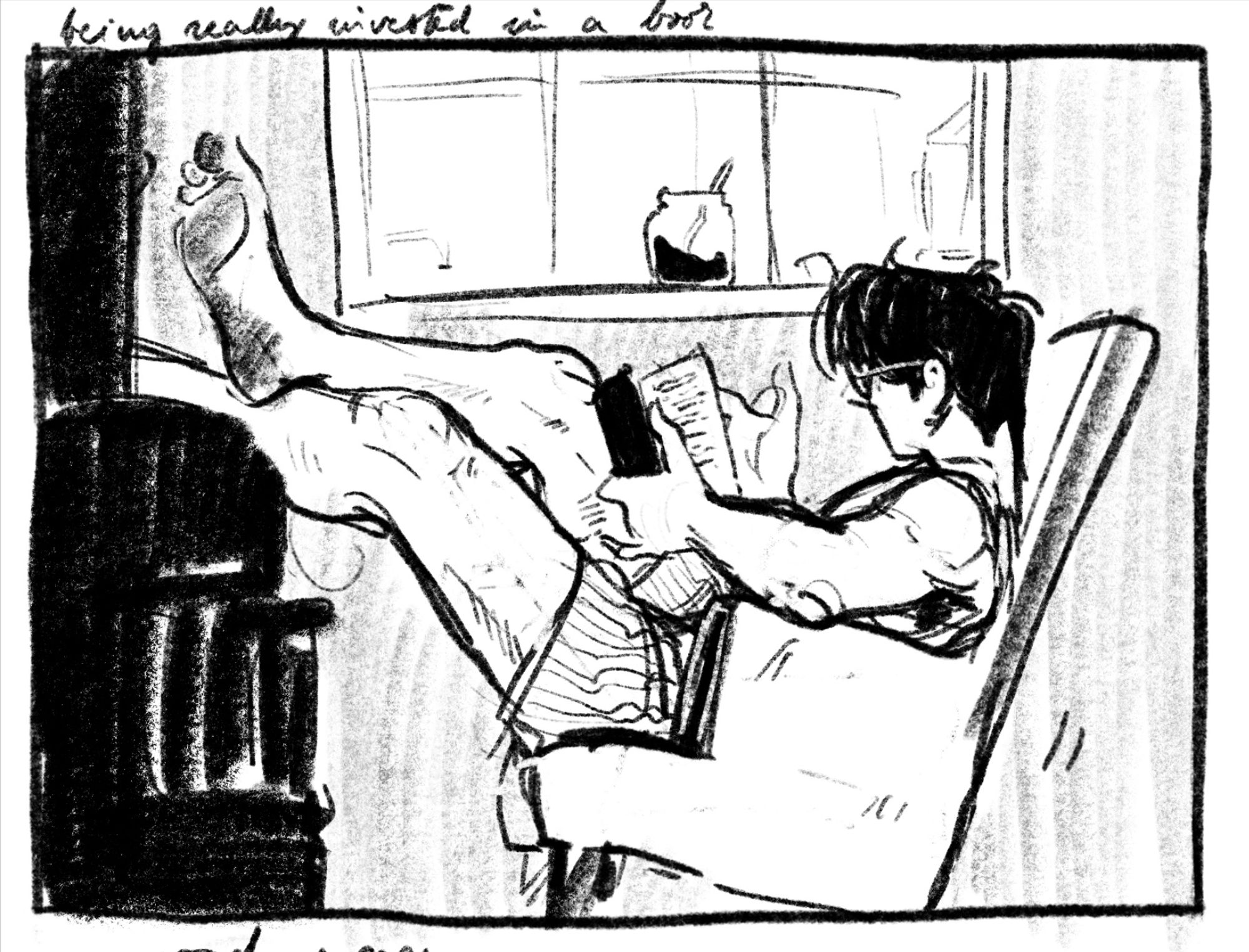 prompt: being really invested in a book. pencil style sketch of a young white guy rocking in a non-rocking chair, his feet up on the wall. he's wearing underwear and is reading a book all focussed