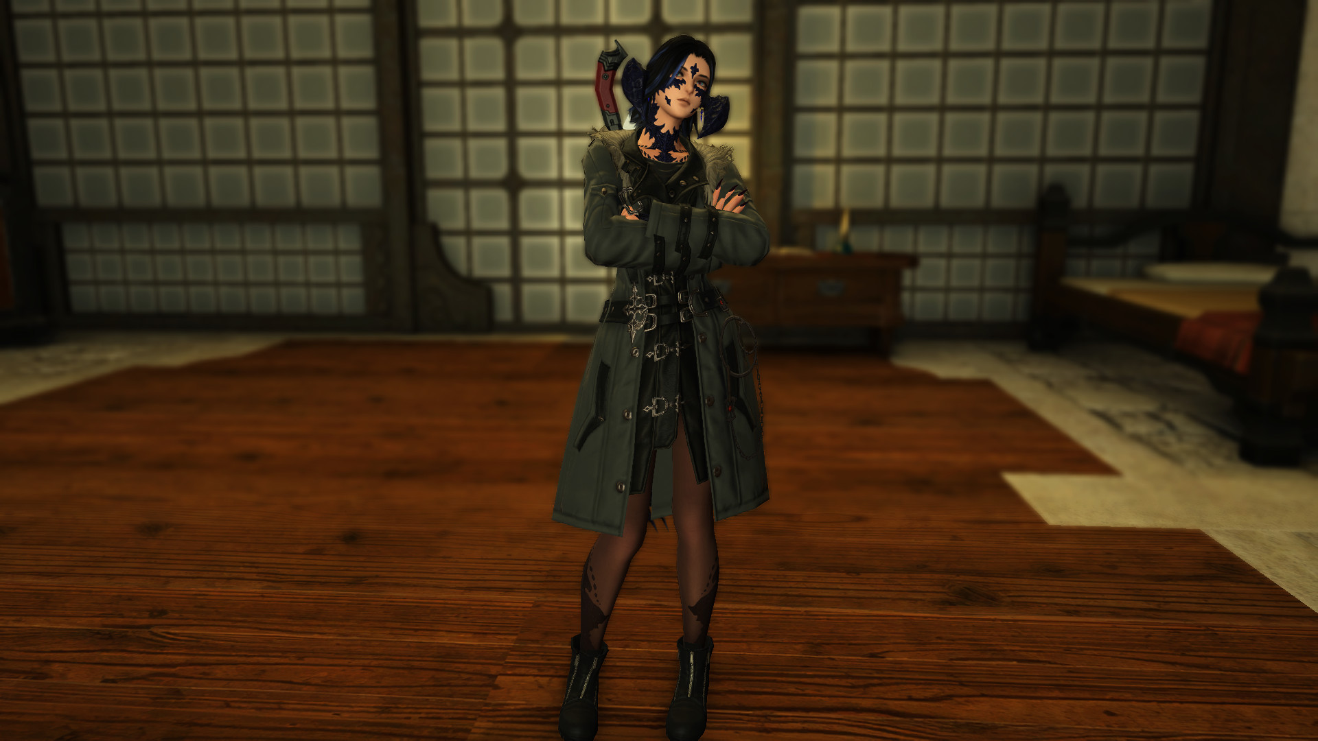 a picture of my final fantasy xiv character, she's a xaela with short black hair with blue-grey highlights, she wears a black leather dress with a large coat over it, along with leather boots and thigh high stockings