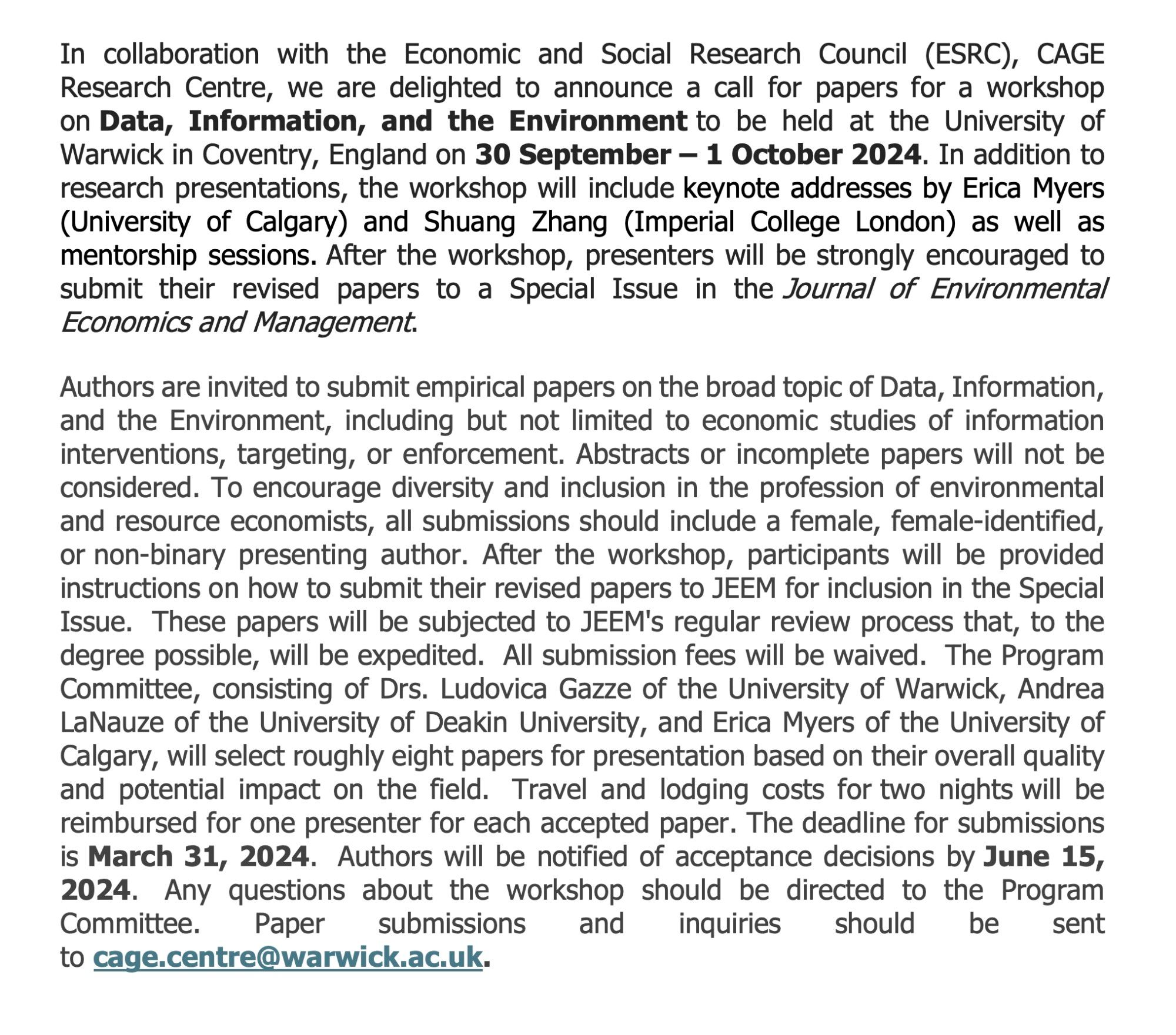 Image with details of the call. For info contact cage.centre@warwick.ac.uk