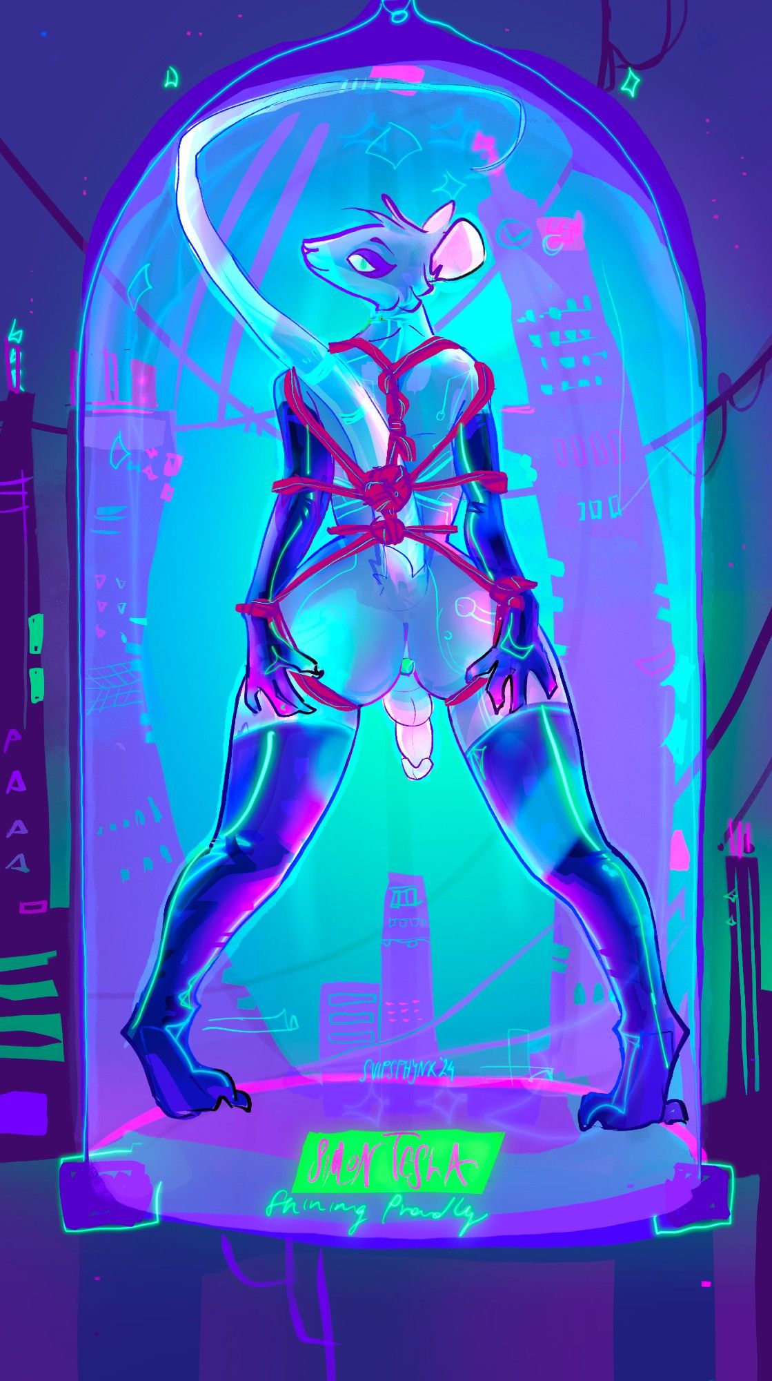 a rodent standing in a public display in the open city, under a hardlight dome, showing off their jewel buttplug and feeling comfy in their bodage!