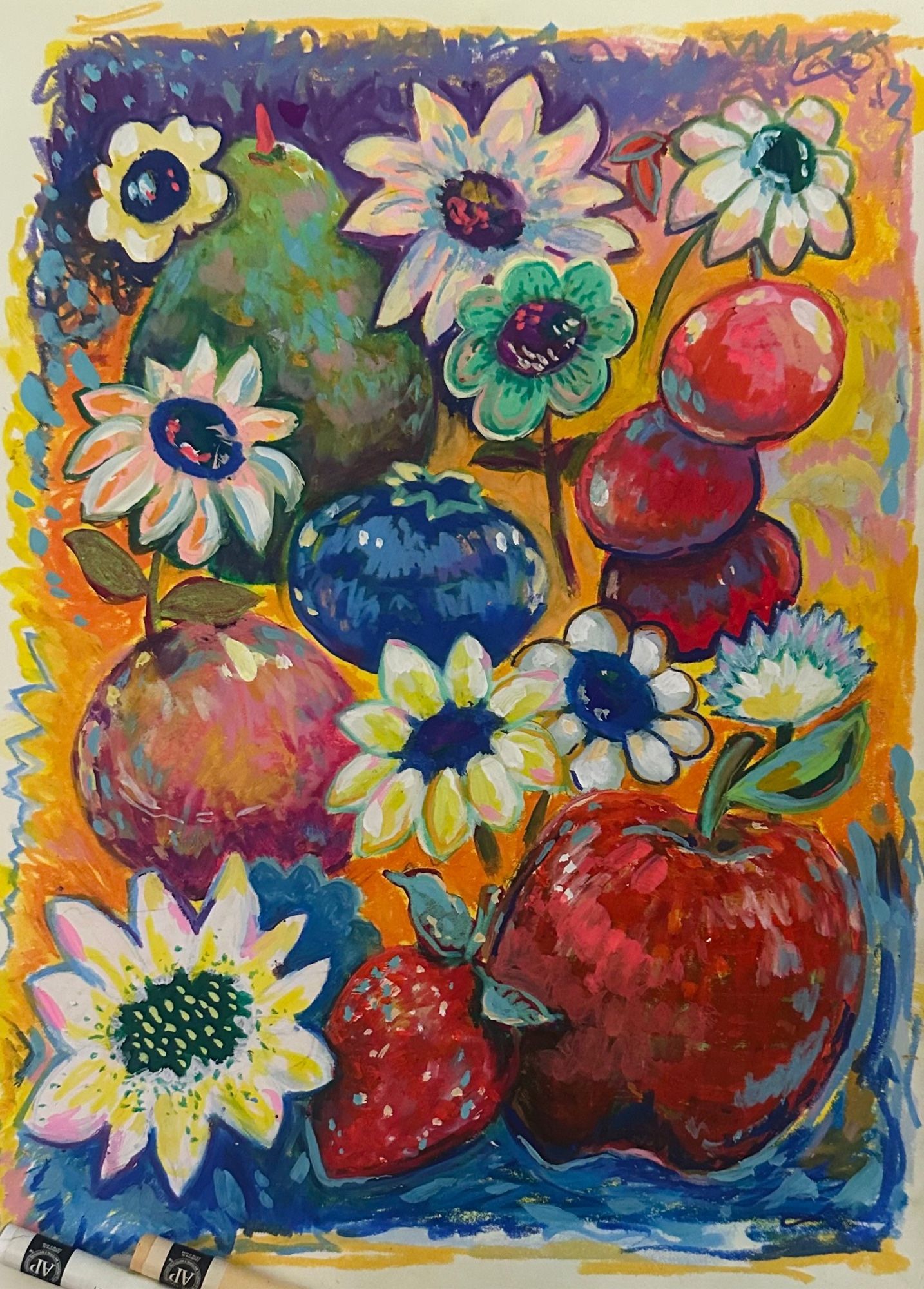 gouache & neocolour crayon drawing of flowers and fruits (apple, strawberry, cherries, passionfruit, a blueberry, and a pear