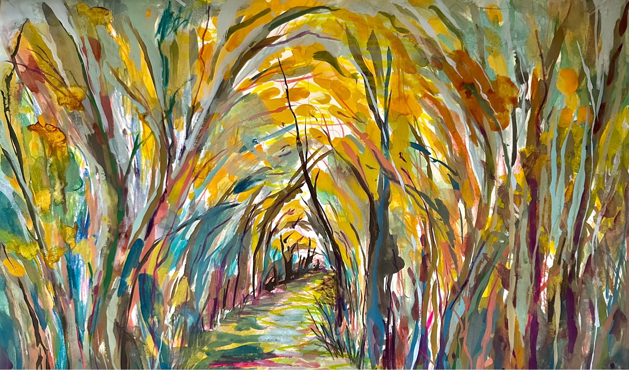 a painted autumn scene of a colourful wooded path, filled with yellows, oranges, blues, and greens.