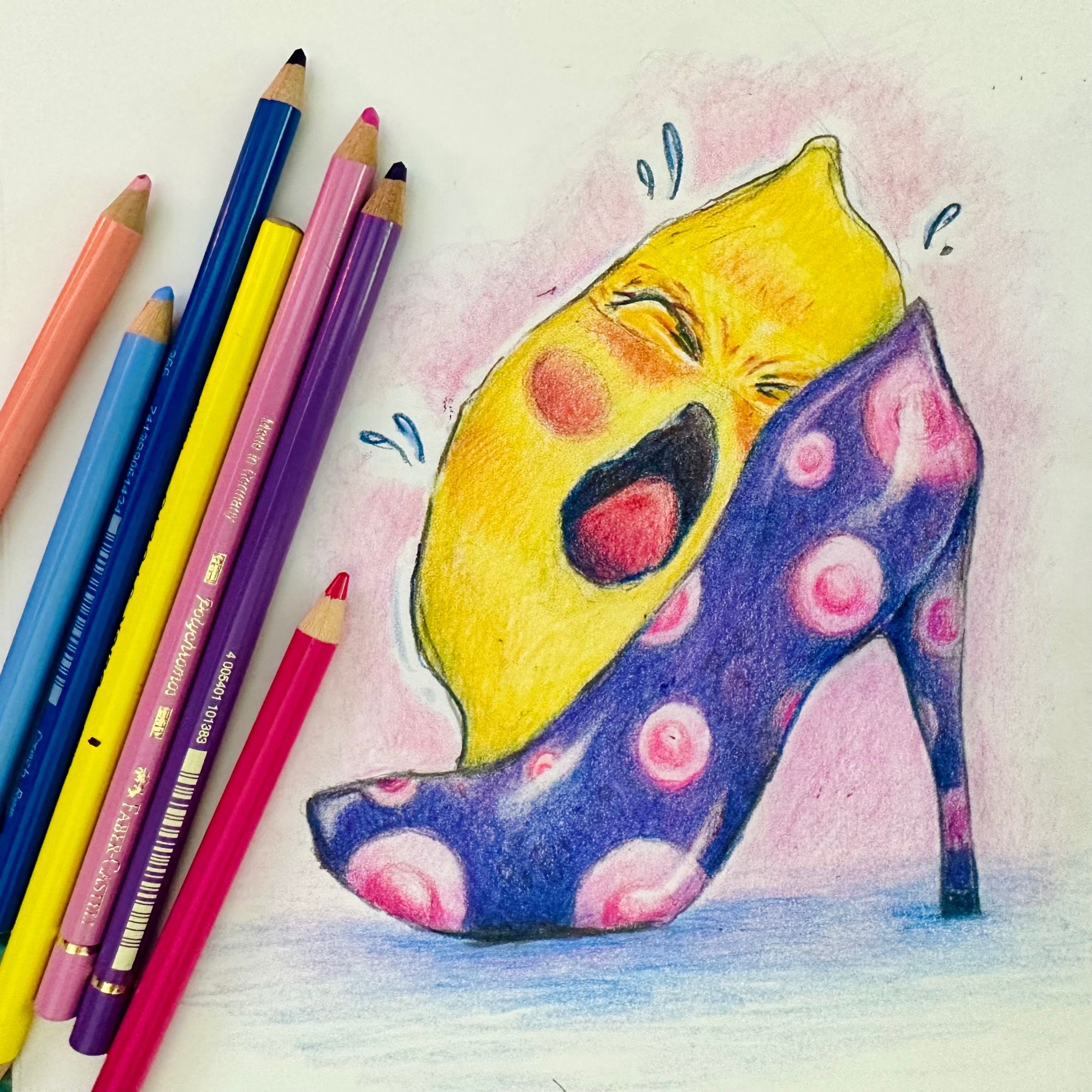 coloured pencil drawing of a lemon in the throws of orgasm while sitting in a purple high heel with a pink polka dots. on closer inspection the polka dots are pink nipples.