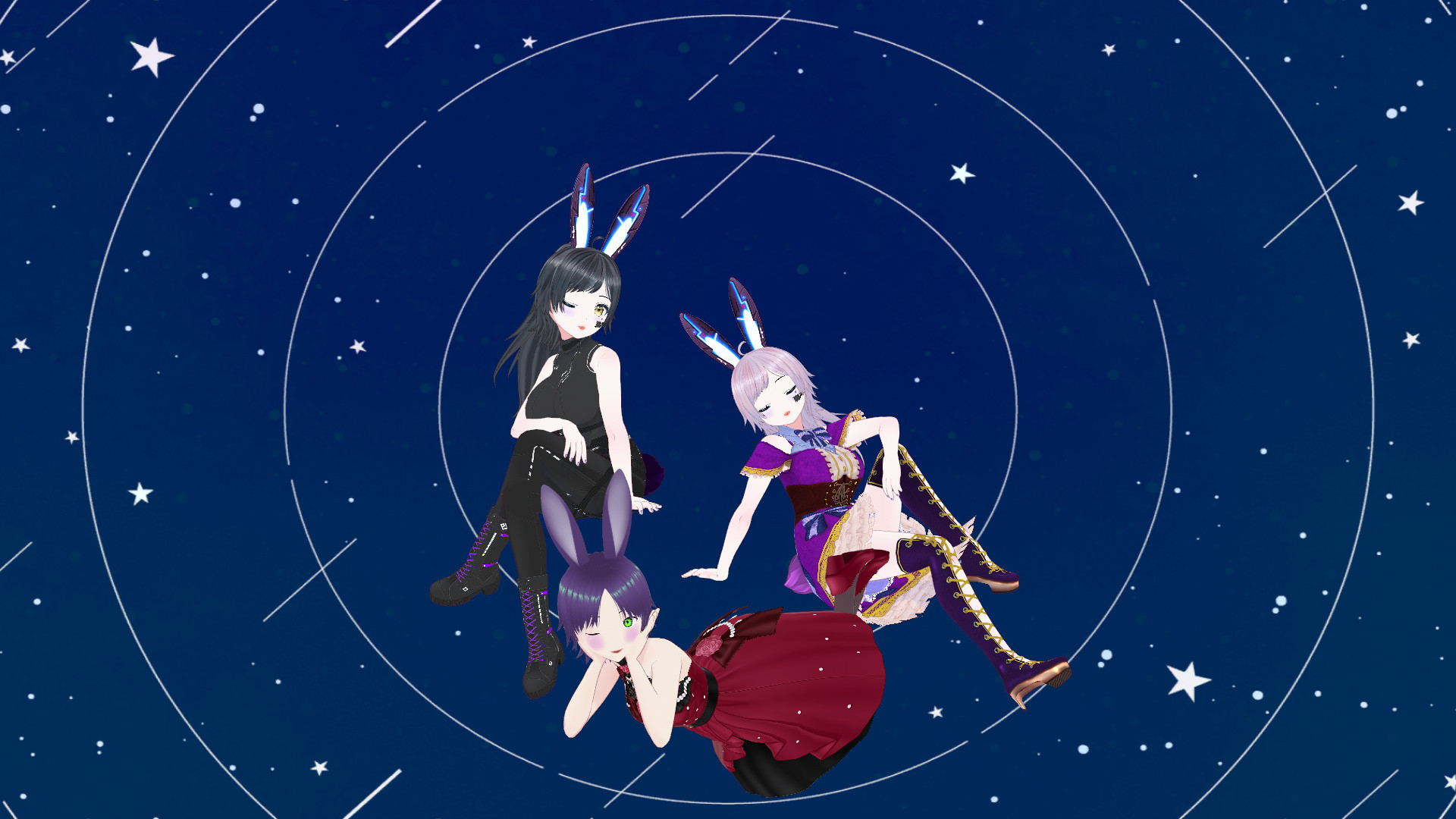 Dark mode ribbon on the left, light mode ribbon on the right, and usagi (My TTS bot) in the middle. All are on a starry background, posing.