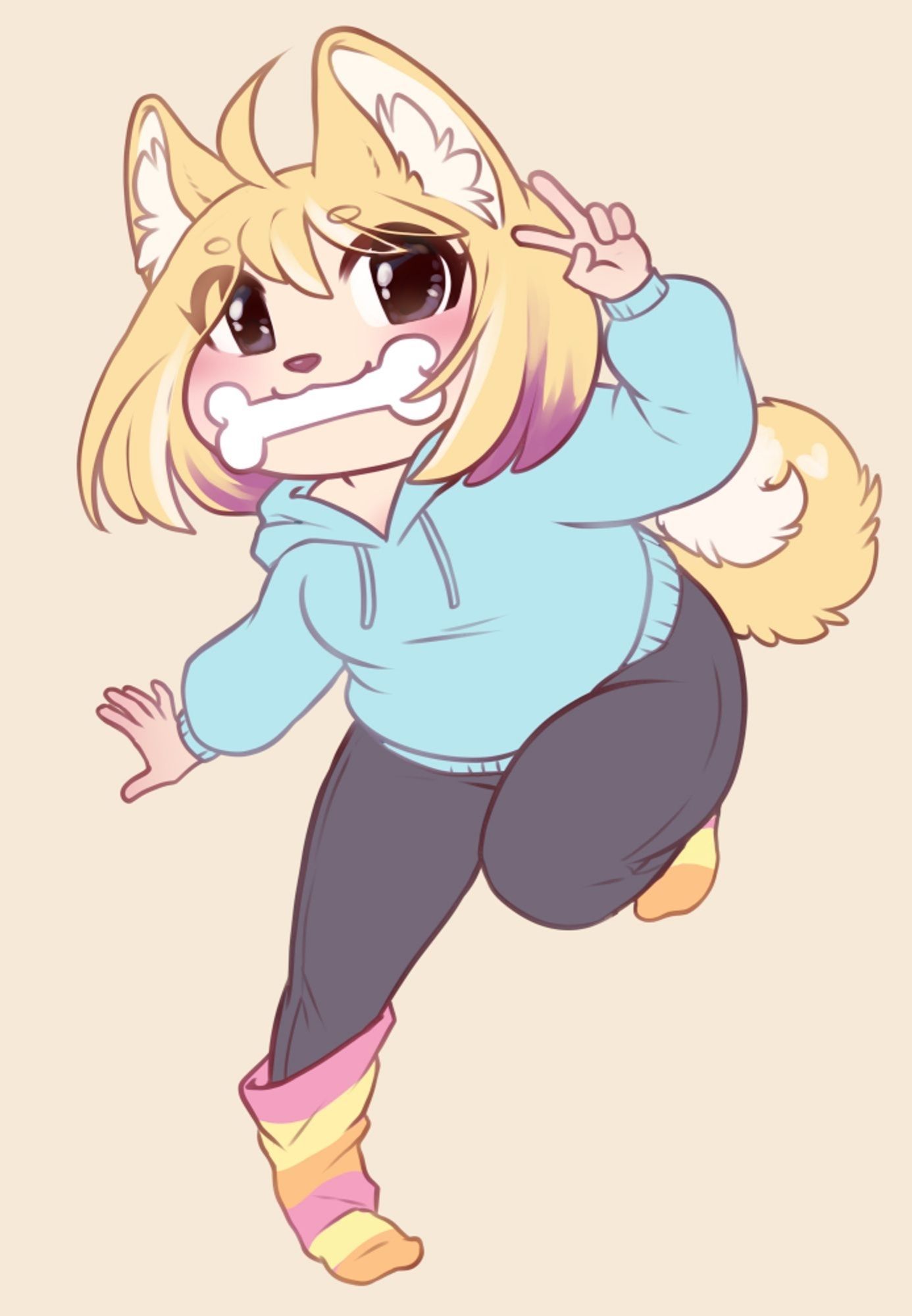 Drawing made by Unikeko. In the drawing there's Fuugis drawn in chibi style. The character has blond hair, dog ears and tail, blue hoodie, black leggings and woolen socks. Character has energetic cute pose, and she is doing victory hand sign. She has a dog's chewing bone in her mouth.