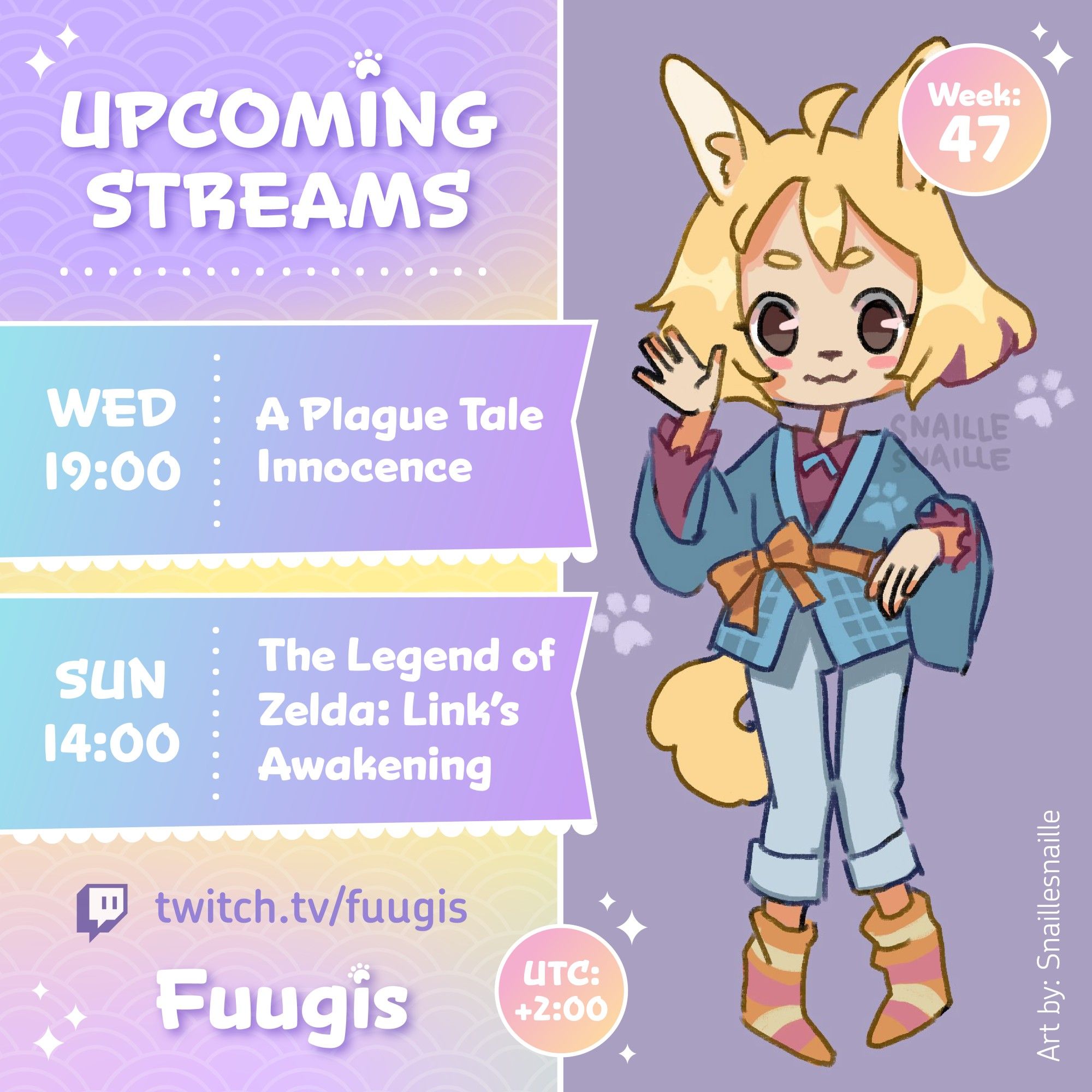 Stream schedule for week 47. On Wednesday starting at 19:00, Plague Tale Innocence. On Sunday starting at 14:00, The Legend of Zelda: Link's Awakening.