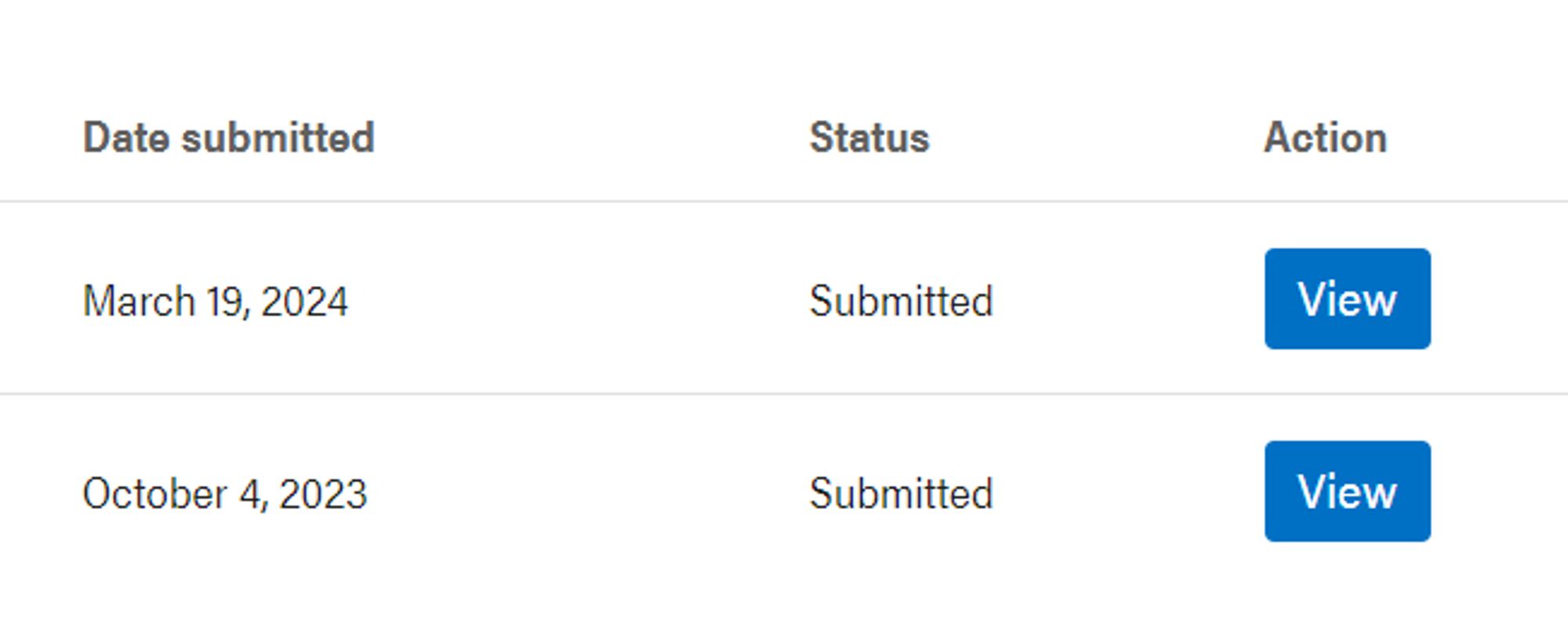 Screenshot of the "Date submitted" and "Status" columns of my two kids' FSCD applications, showing one was submitted Oct 4, 2023 and the other March 19, 2024 and both are still sitting at "submitted" status