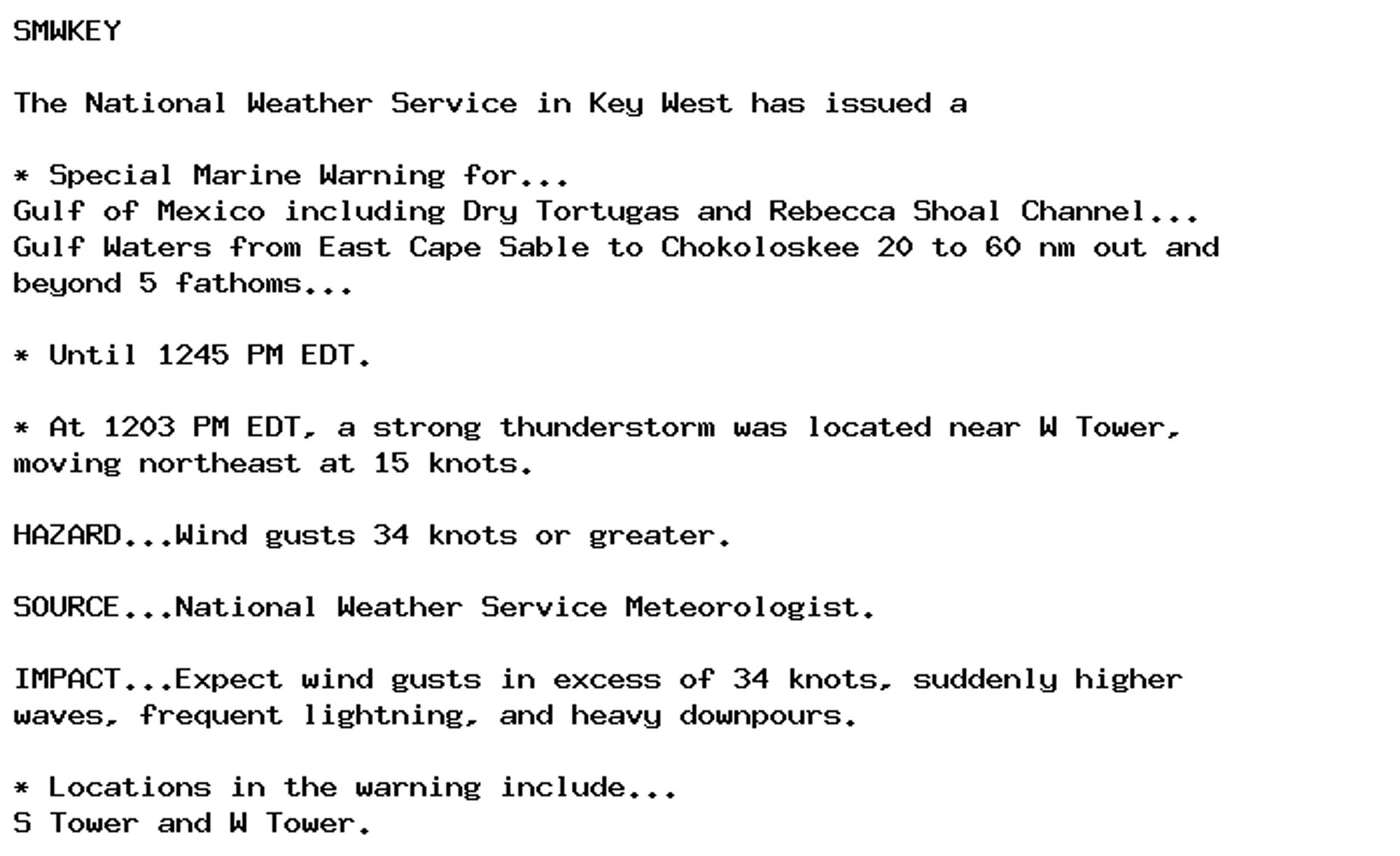 SMWKEY

The National Weather Service in Key West has issued a

* Special Marine Warning for...
Gulf of Mexico including Dry Tortugas and Rebecca Shoal Channel...
Gulf Waters from East Cape Sable to Chokoloskee 20 to 60 nm out and
beyond 5 fathoms...

* Until 1245 PM EDT.

* At 1203 PM EDT, a strong thunderstorm was located near W Tower,
moving northeast at 15 knots.

HAZARD...Wind gusts 34 knots or greater.

SOURCE...National Weather Service Meteorologist.

IMPACT...Expect wind gusts in excess of 34 knots, suddenly higher
waves, frequent lightning, and heavy downpours.

* Locations in the warning include...
S Tower and W Tower.