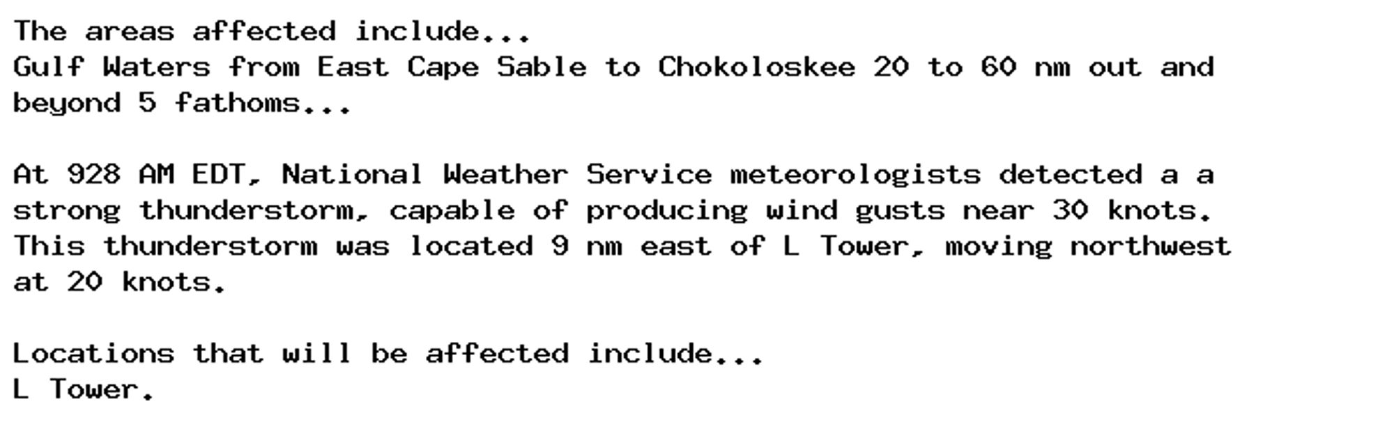 The areas affected include...
Gulf Waters from East Cape Sable to Chokoloskee 20 to 60 nm out and
beyond 5 fathoms...

At 928 AM EDT, National Weather Service meteorologists detected a a
strong thunderstorm, capable of producing wind gusts near 30 knots.
This thunderstorm was located 9 nm east of L Tower, moving northwest
at 20 knots.

Locations that will be affected include...
L Tower.