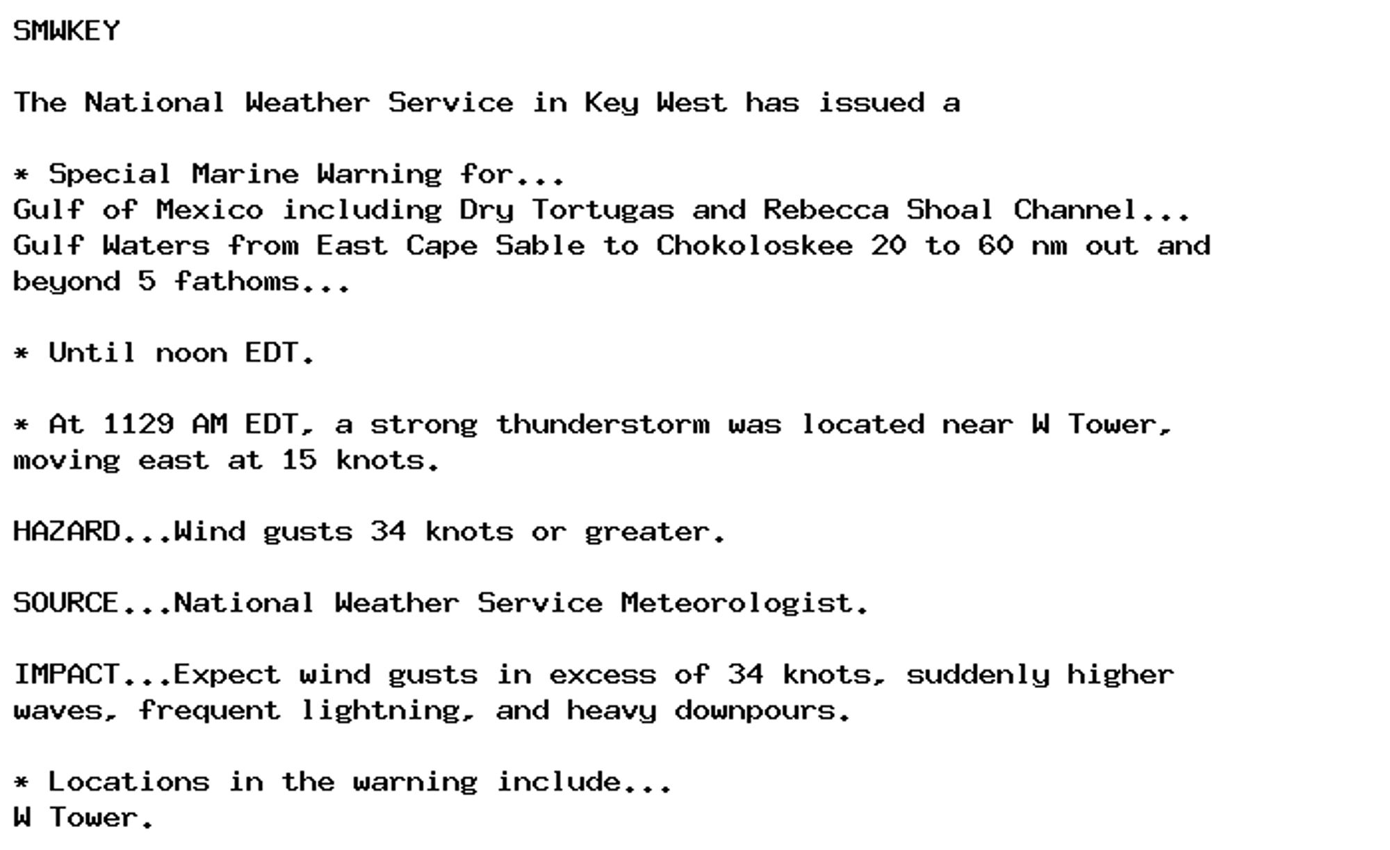 SMWKEY

The National Weather Service in Key West has issued a

* Special Marine Warning for...
Gulf of Mexico including Dry Tortugas and Rebecca Shoal Channel...
Gulf Waters from East Cape Sable to Chokoloskee 20 to 60 nm out and
beyond 5 fathoms...

* Until noon EDT.

* At 1129 AM EDT, a strong thunderstorm was located near W Tower,
moving east at 15 knots.

HAZARD...Wind gusts 34 knots or greater.

SOURCE...National Weather Service Meteorologist.

IMPACT...Expect wind gusts in excess of 34 knots, suddenly higher
waves, frequent lightning, and heavy downpours.

* Locations in the warning include...
W Tower.