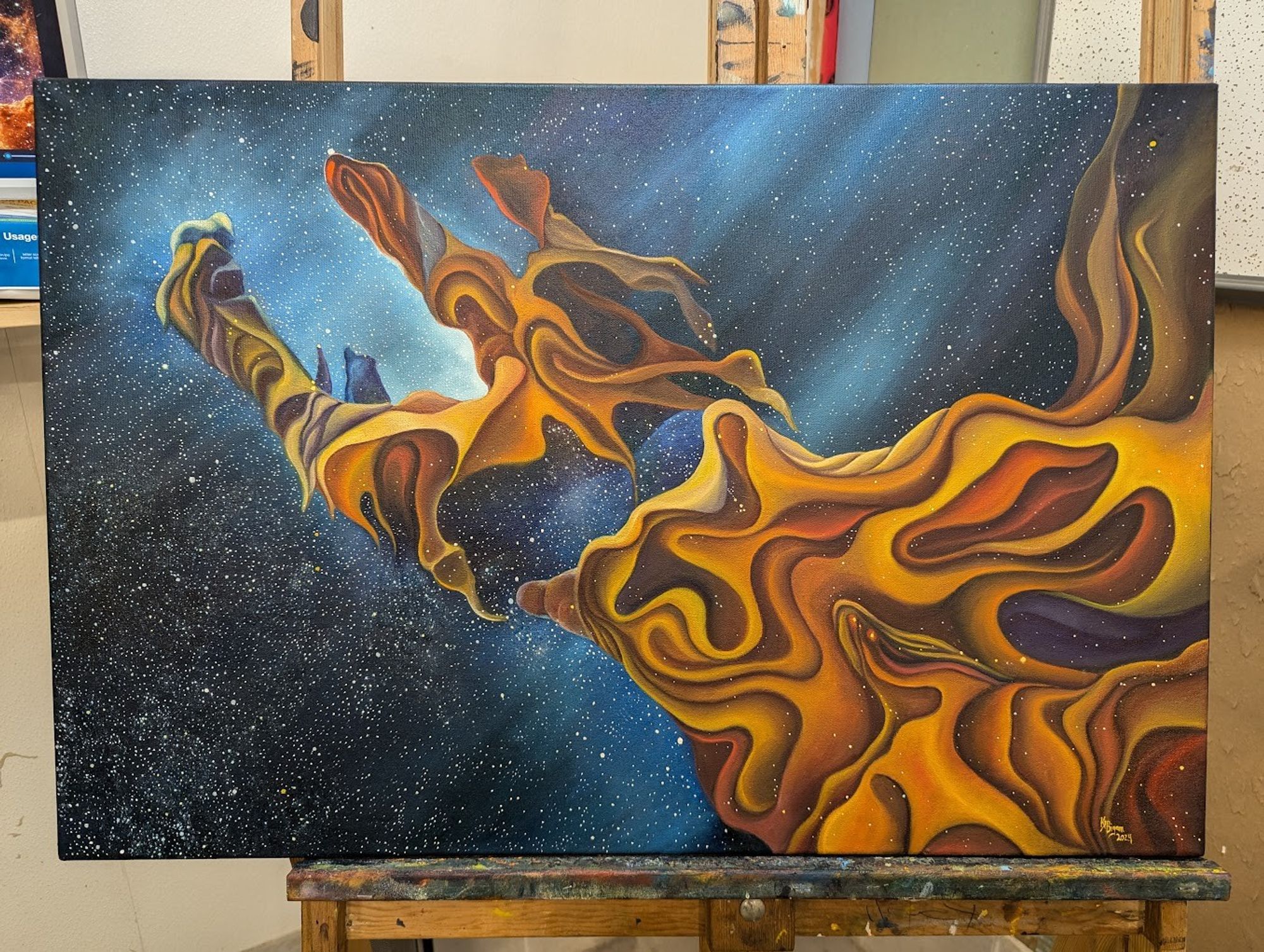 Painting of a nebula that looks like a hand with orange and yellow clouds, white streamers behind and lot and lots of stars