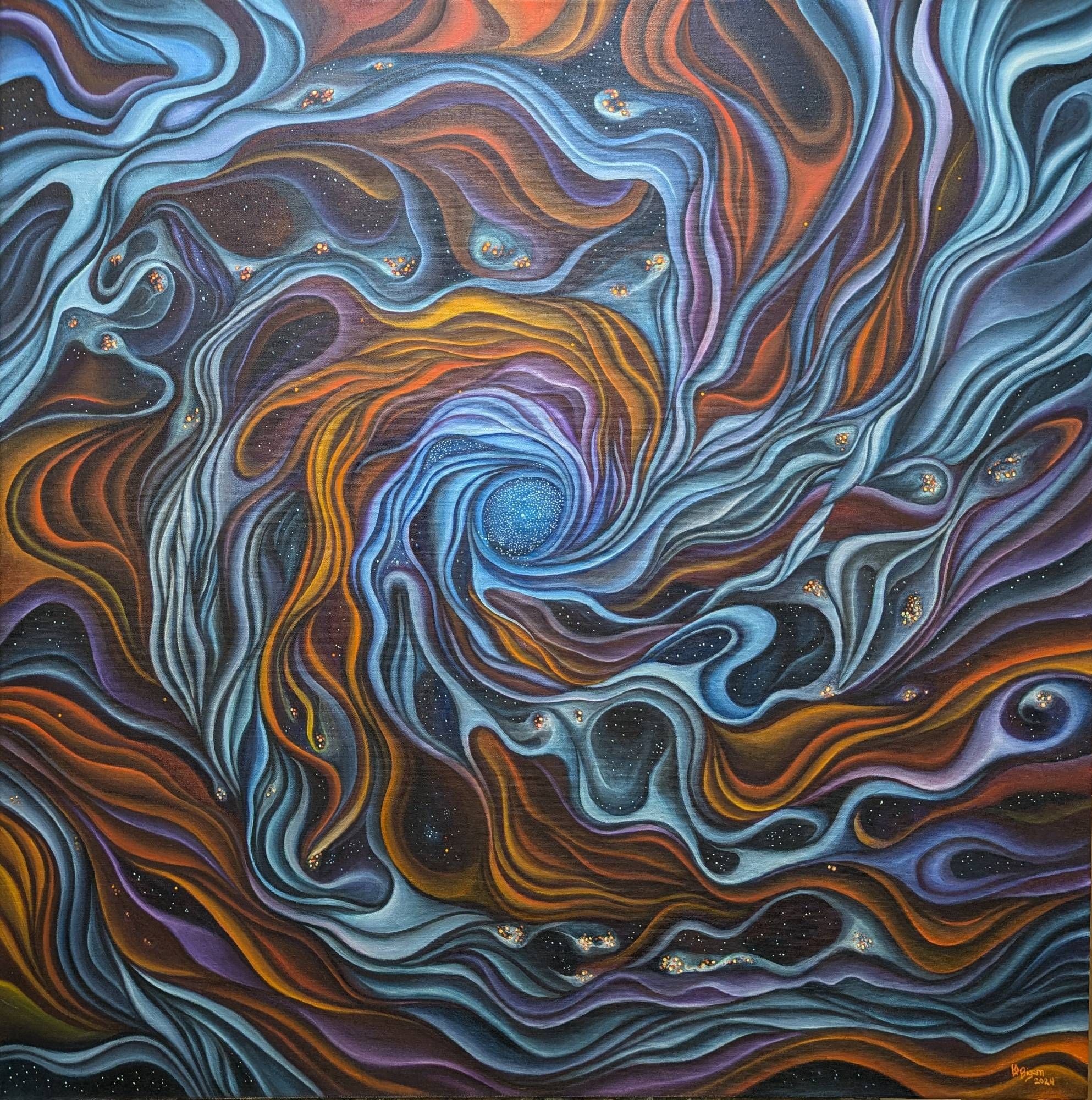 A completed painting of a swirling galaxy with white, blues, oranges & red with patches of stars and stars in the center.