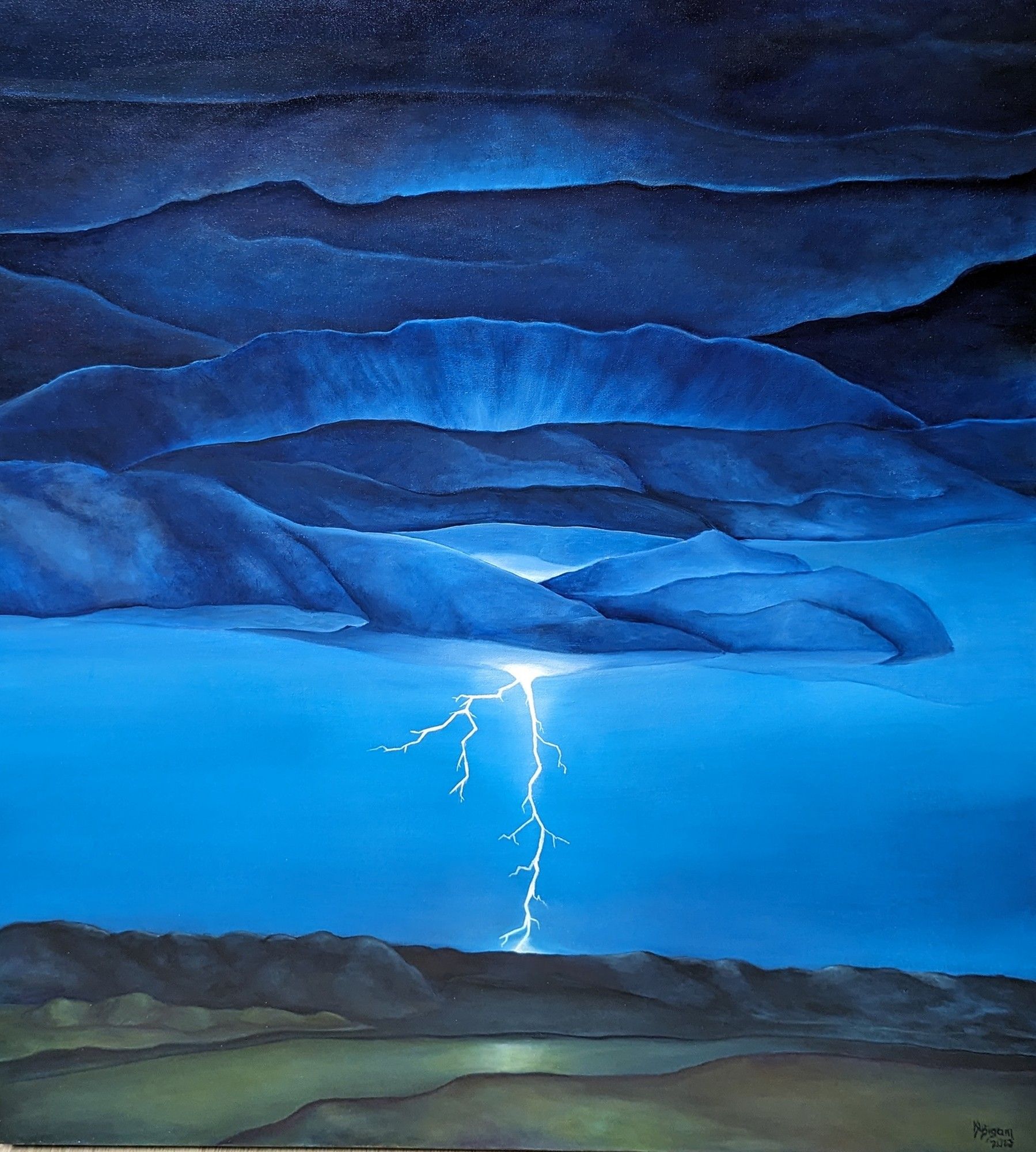 Painting of a storm at night with a bolt of lightning in the center over some hills and a river