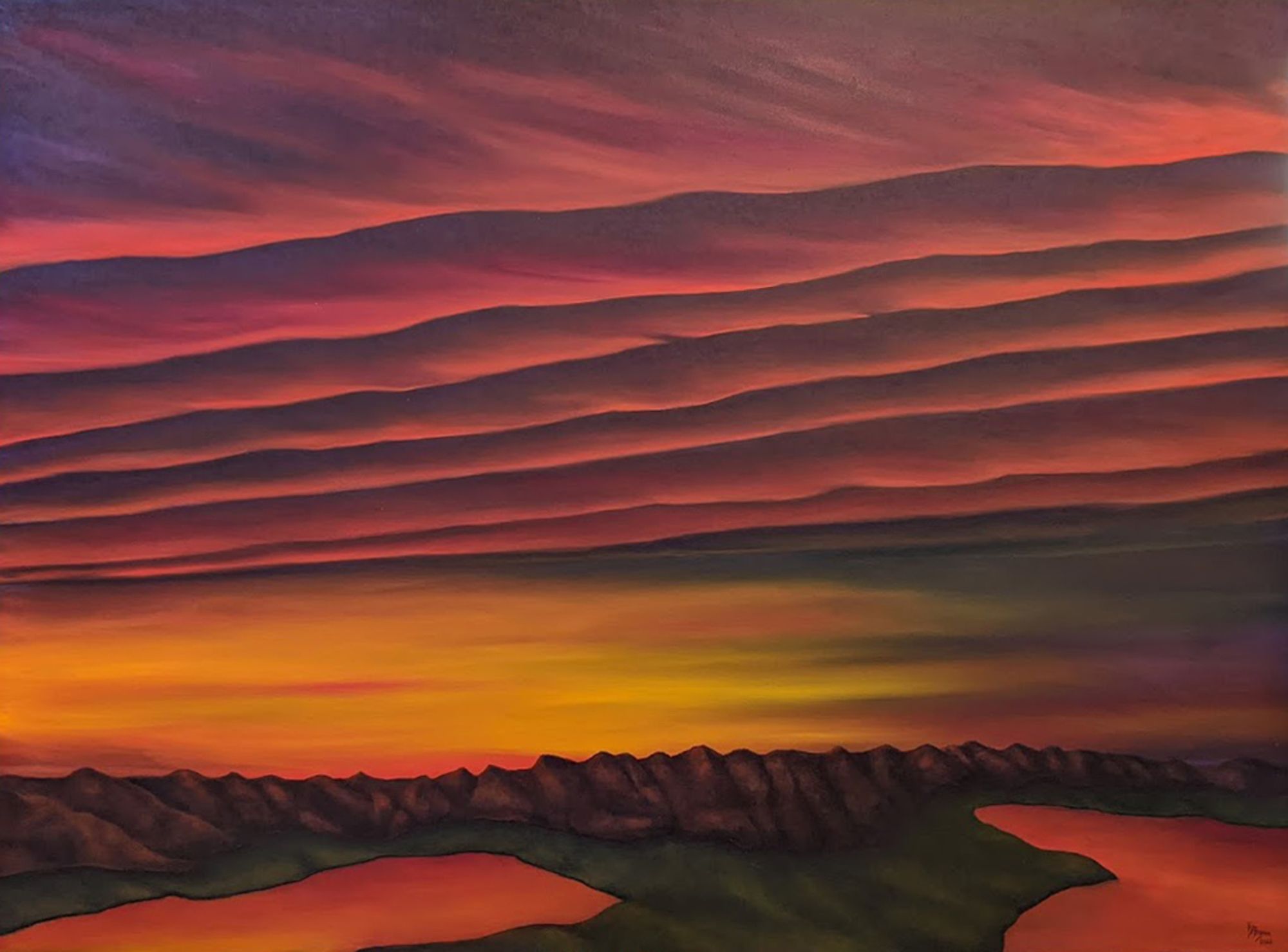 Abstract landscape painting. Waves of red tinged sky over a distant mountain range with 2 lakes in the foreground