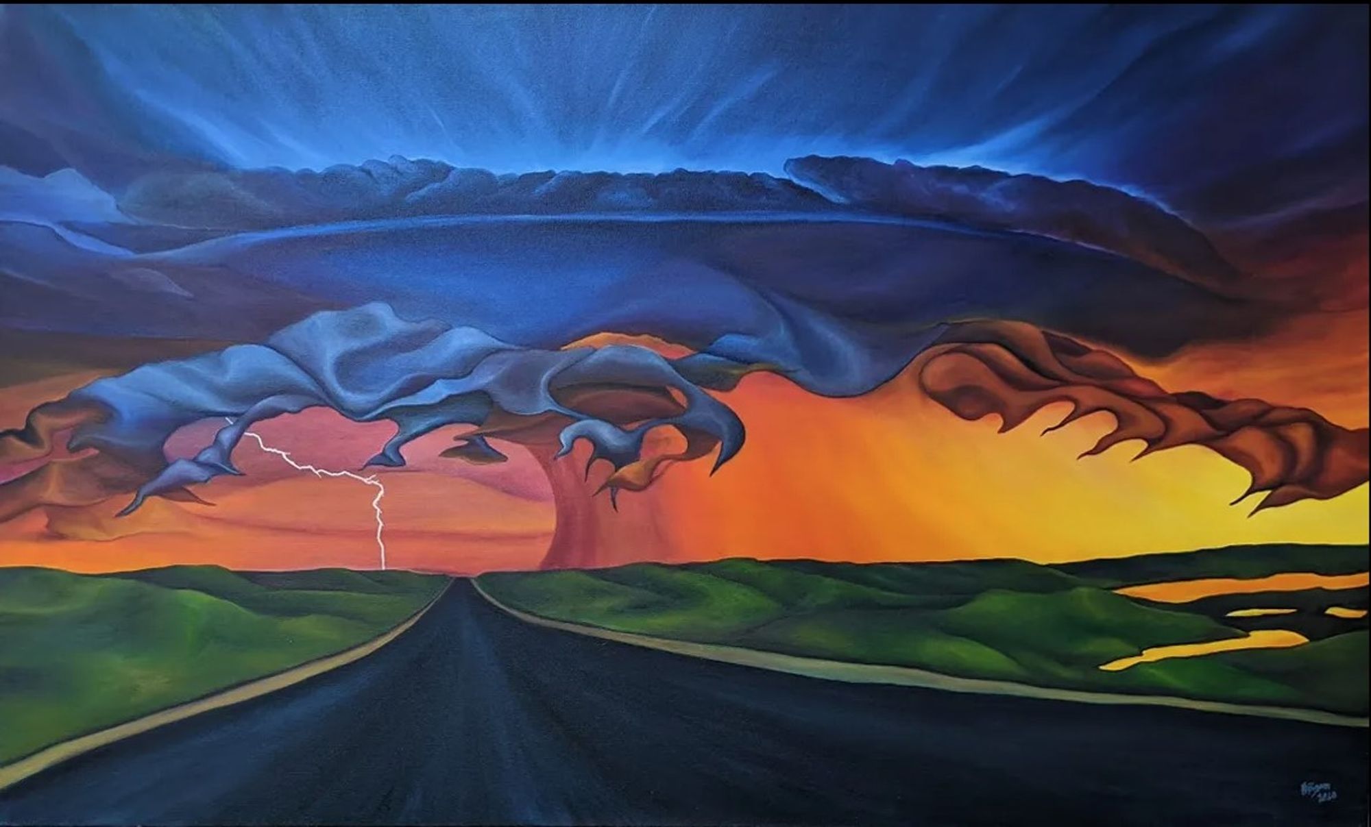 Abstract landscape: mothership storm cloud with sunset back lit rain and lightning over a road and a field with two ponds