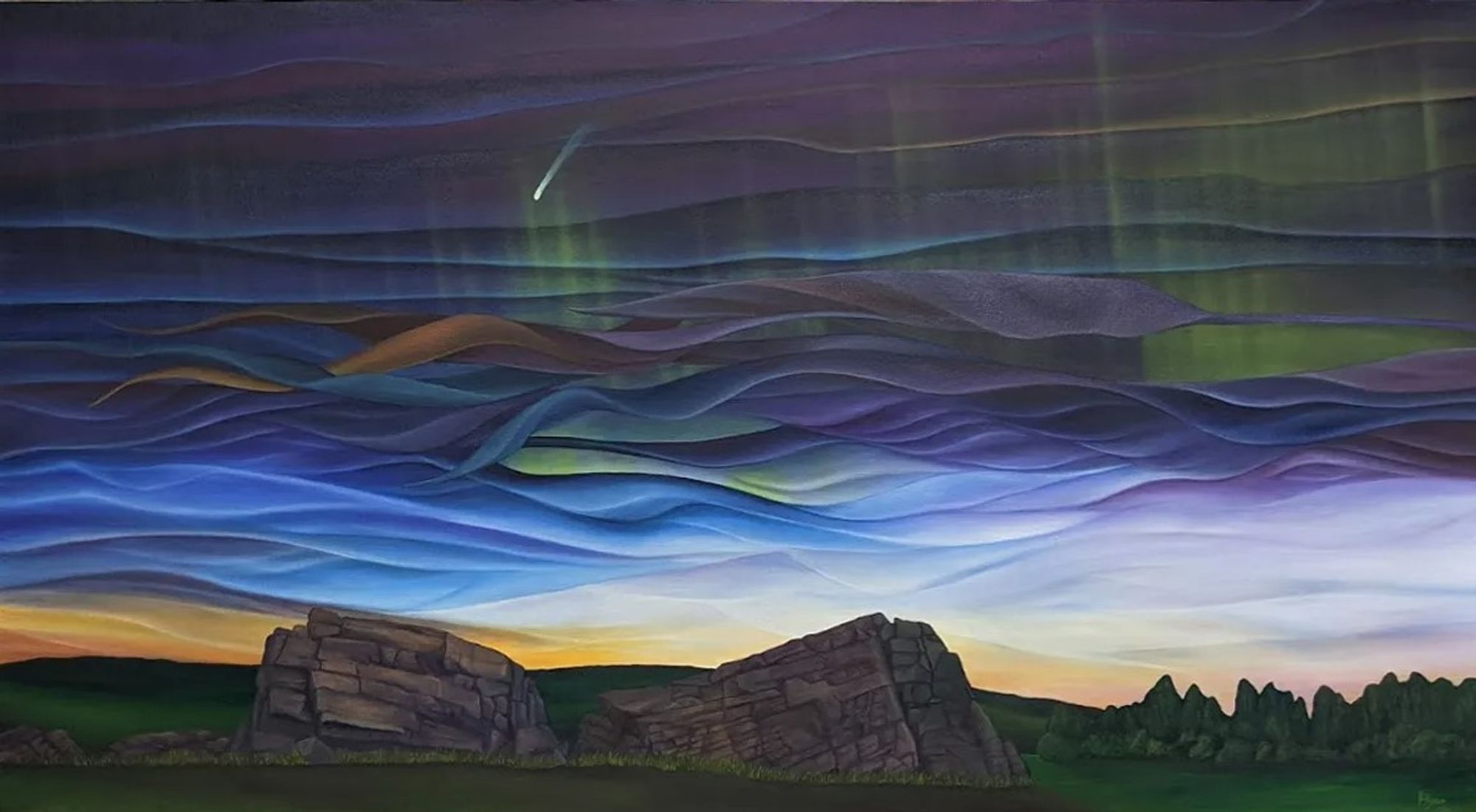 Abstract landscape: night sky with noctilucent clouds, green aurora, a comet over 2 large glacial erratics