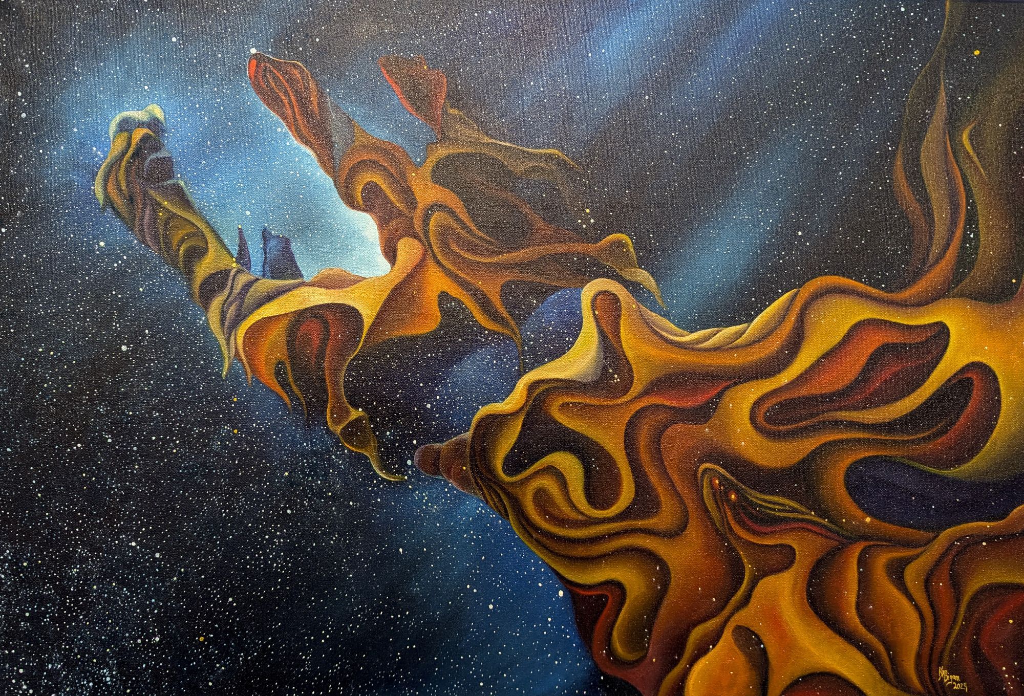 Painting of a nebula that looks like a hand with orange & yellow clouds  on a blue black field with lots of stars