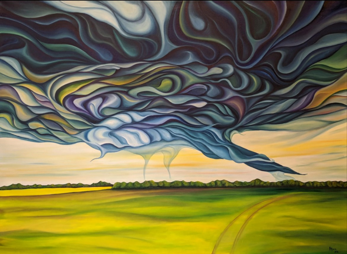 Abstract landscape: swirling mothership cloud close to ground with inflow tail over a ripening field