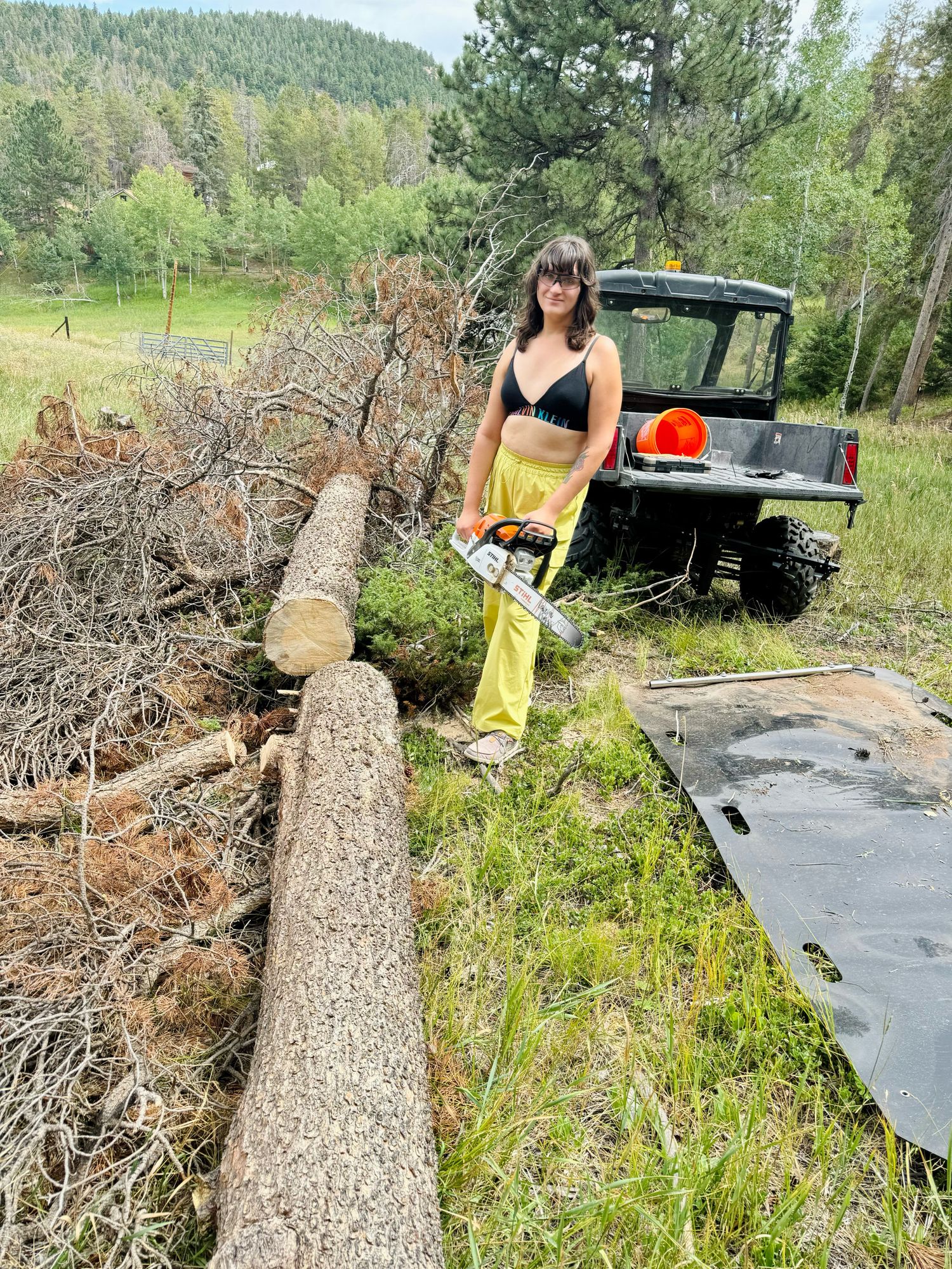 Photo of a women in a sports bra and yellow cargo pants holding a chainsaw next to a cut down pine tree with pine trees and a grassy meadow and a UTV in the background 