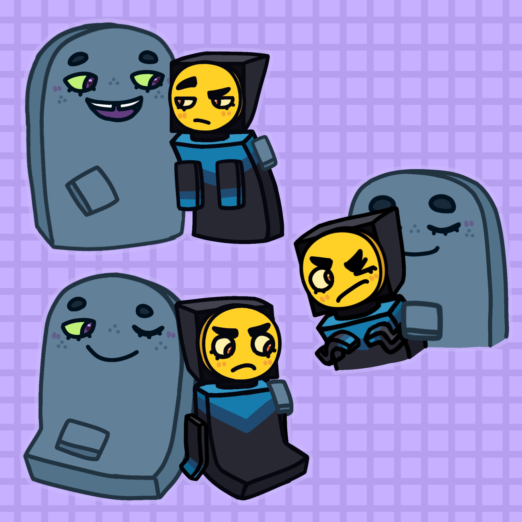 three drawings of brock and master frown from unikitty together on a purple grid background.

the first one depicts brock smiling and talking with his hand over frown's shoulder, frown is slouching and looking at him with a confused and tired expression.

the second one depicts brock hugging master frown from the back while smiling with his eyes closed, frown is looking at him, startled, with an annoyed expression.

the third one depicts brock hugging frown with one hand while sitting next to him. brock has one eye closed with the other looking at frown, brock is smiling. frown looks flustered and angry while looking away from brock, he has his hands by his sides.

they're both blushing on all of them. brock also has freckles on all of them.