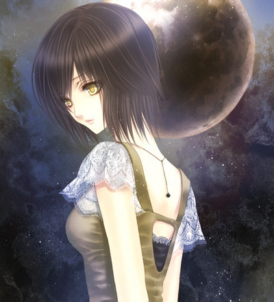 artist : "yusa tk74" on danbooru ; minazuki ruka from fatal frame 4 ( mask of the lunar eclipse ) with a night sky in the background 