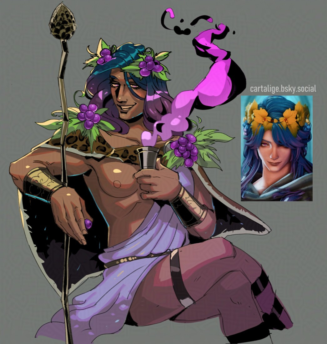 Art of an Azem named Dionysus, dressed up as Dionysus from the game Hades