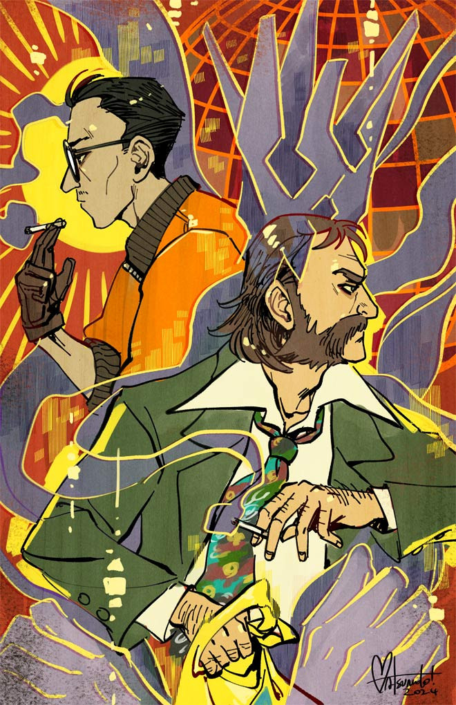 Drawing of Harry and Kim from Disco Elysium, waist up, facing different directions and smoking. Abstract shapes forming the visual representations of Empathy and Volition surround Harry