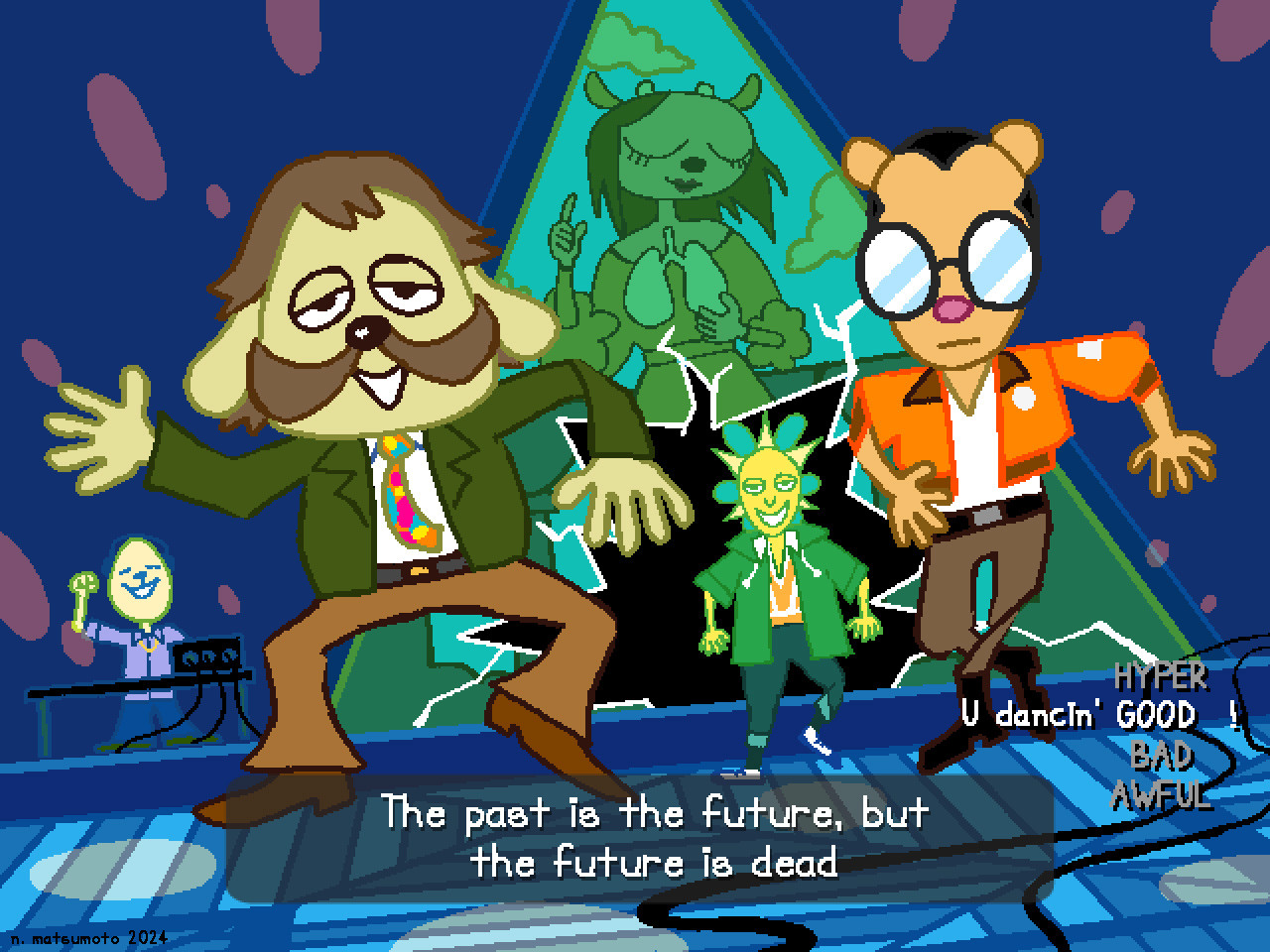 The dance scene from "Disco Elysium" drawn in the style of "Parappa the Rapper". Harry and Kim are in the foreground, and Andre and Egghead are in the background