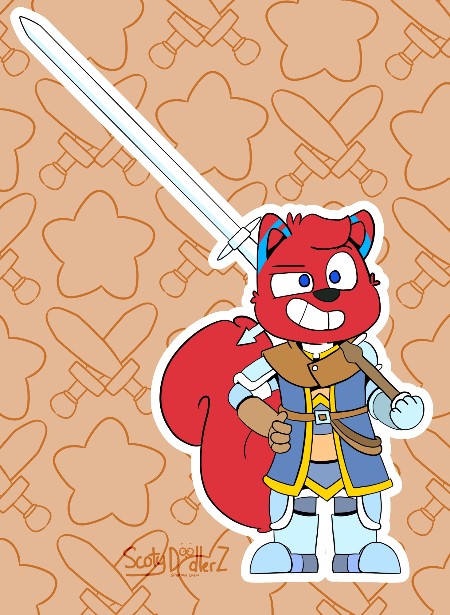 Red squirrel in fantasy/medieval armour, holding a really long sword called Zweihander