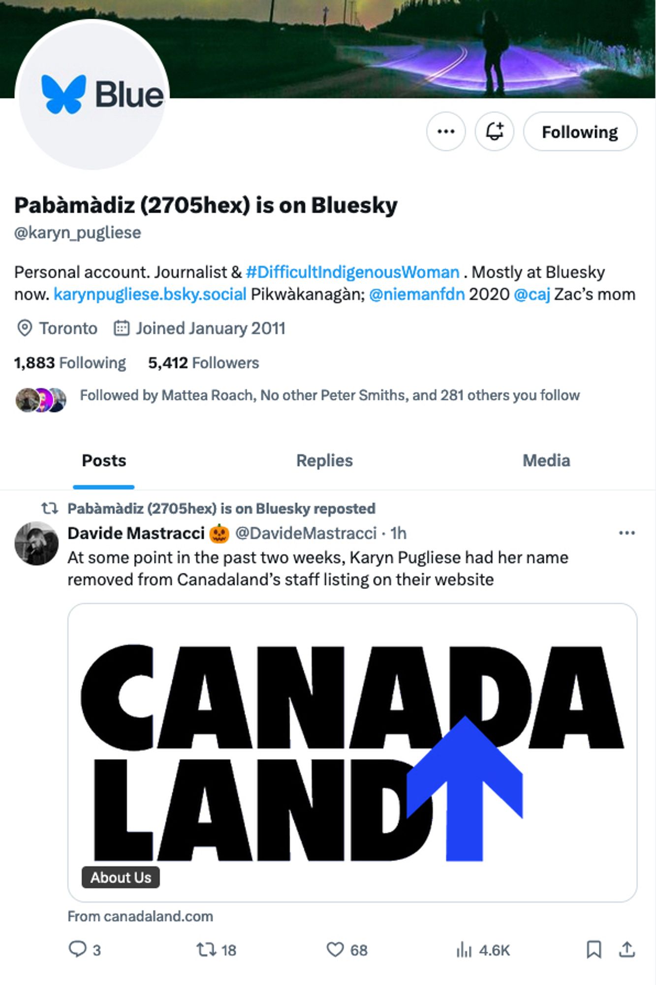 Karyn Pugliese’s Twitter account retweeting David’s Mastracci, who says “At some point in the past two weeks, Karyn Pugliese had her name removed from Canadaland’s staff listing on their website.”