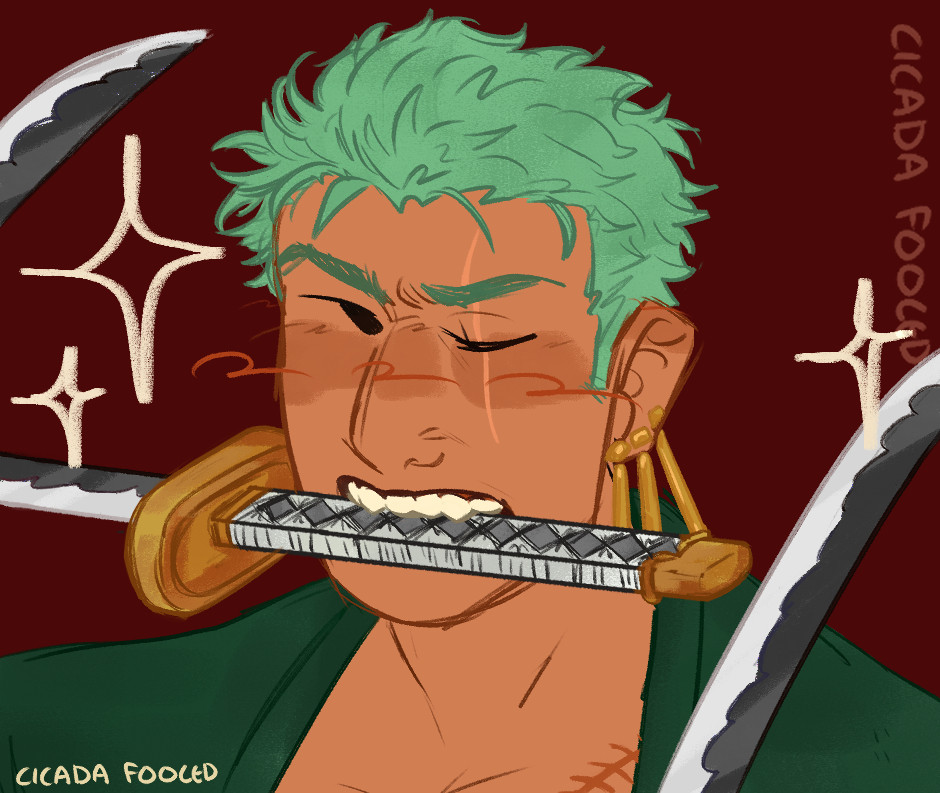 A headshot drawing of Zoro from one piece featuring his post-time skip design. He holds wado in his mouth and the background is red.