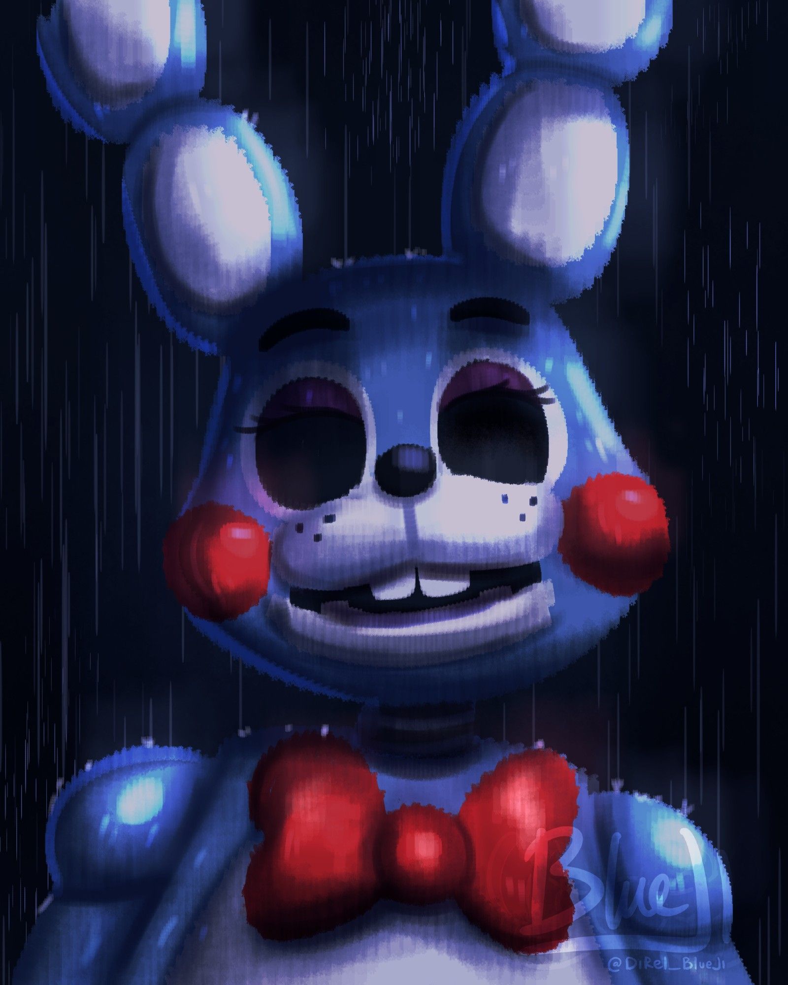 Toy Bonnie in the rain with blank eyes