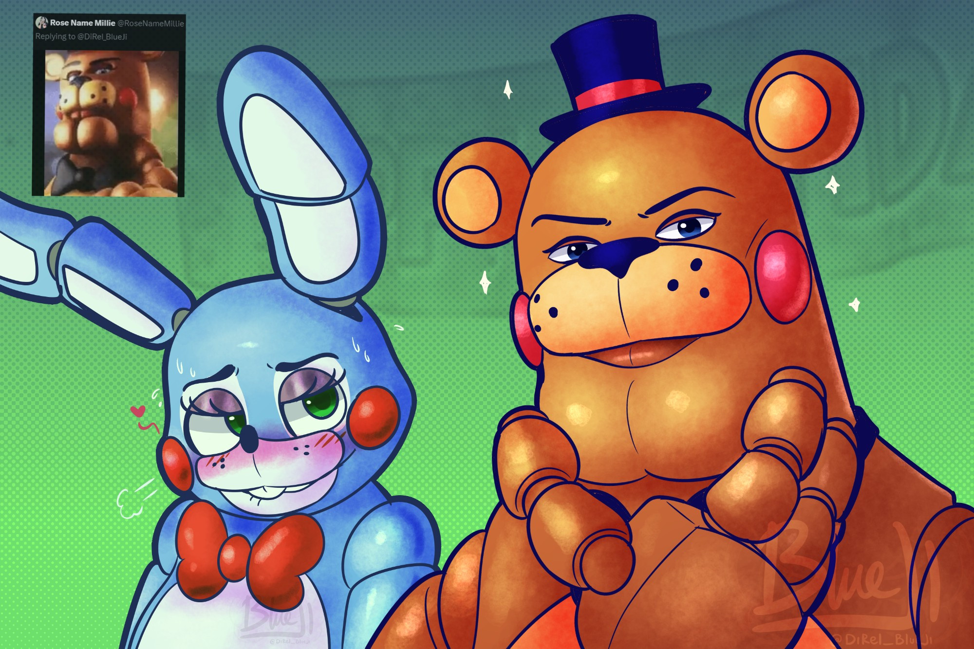 Sigma Toy Freddy is mewing while Toy Bonnie is flustered to his aura