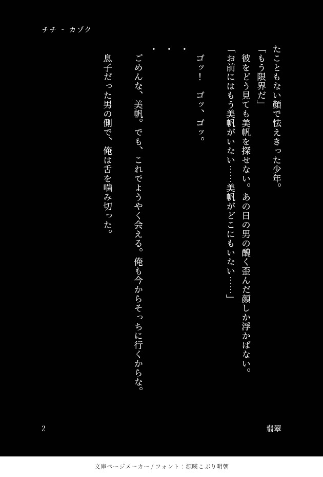 こともない顔で怯えきった少年。
「もう限界だ」
　彼をどう見ても美帆を探せない。あの日の男の醜く歪んだ顔しか浮かばない。
「お前にはもう美帆がいない……美帆がどこにもいない……」

　ゴッ！　ゴッ、ゴッ。

点
点
点

　ごめんな、美帆。でも、これでようやく会える。俺も今からそっちに行くからな。

　息子だった男の側で、俺は舌を噛み切った。