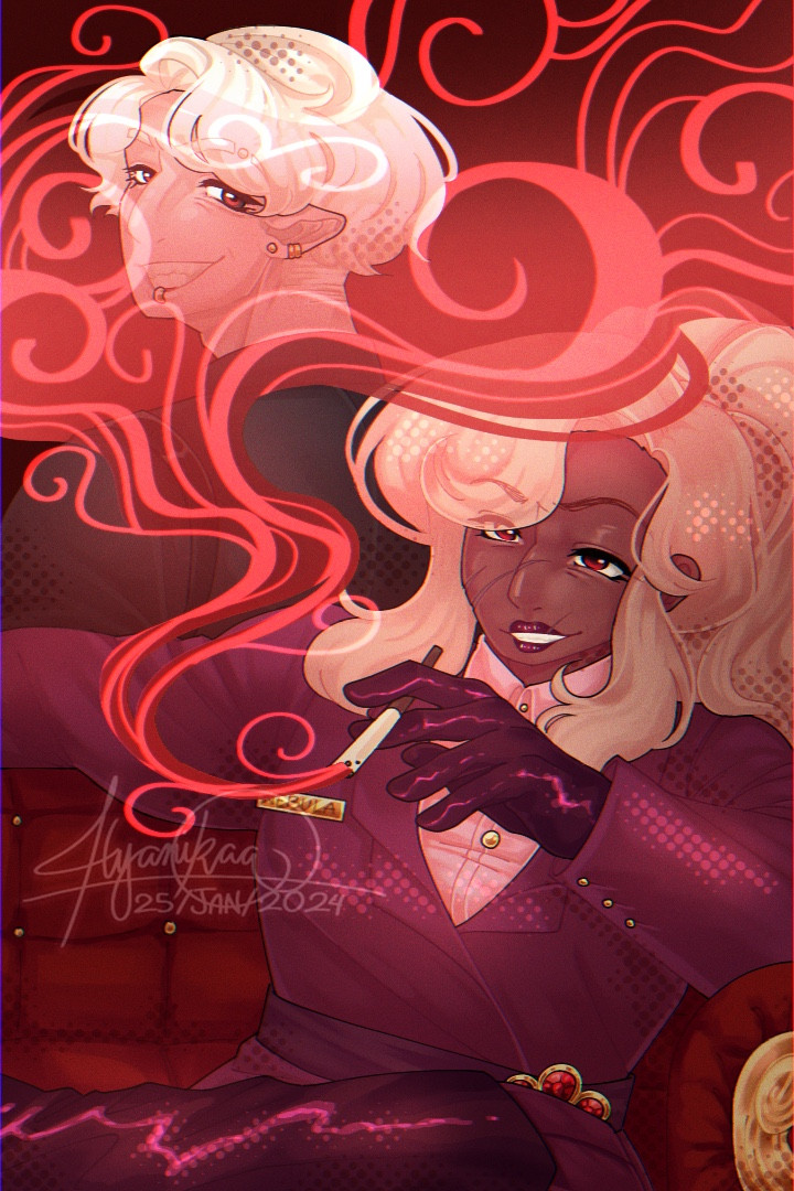 A drawing featuring two people in a red atmosphere. A lady with blonde hair sits on her red couch with a smirk, leaning against the armrest as her cigarette creates a large smoke that obscures most of the man with white hair whose back is facing the camera, his head tilted to face us with a smile.