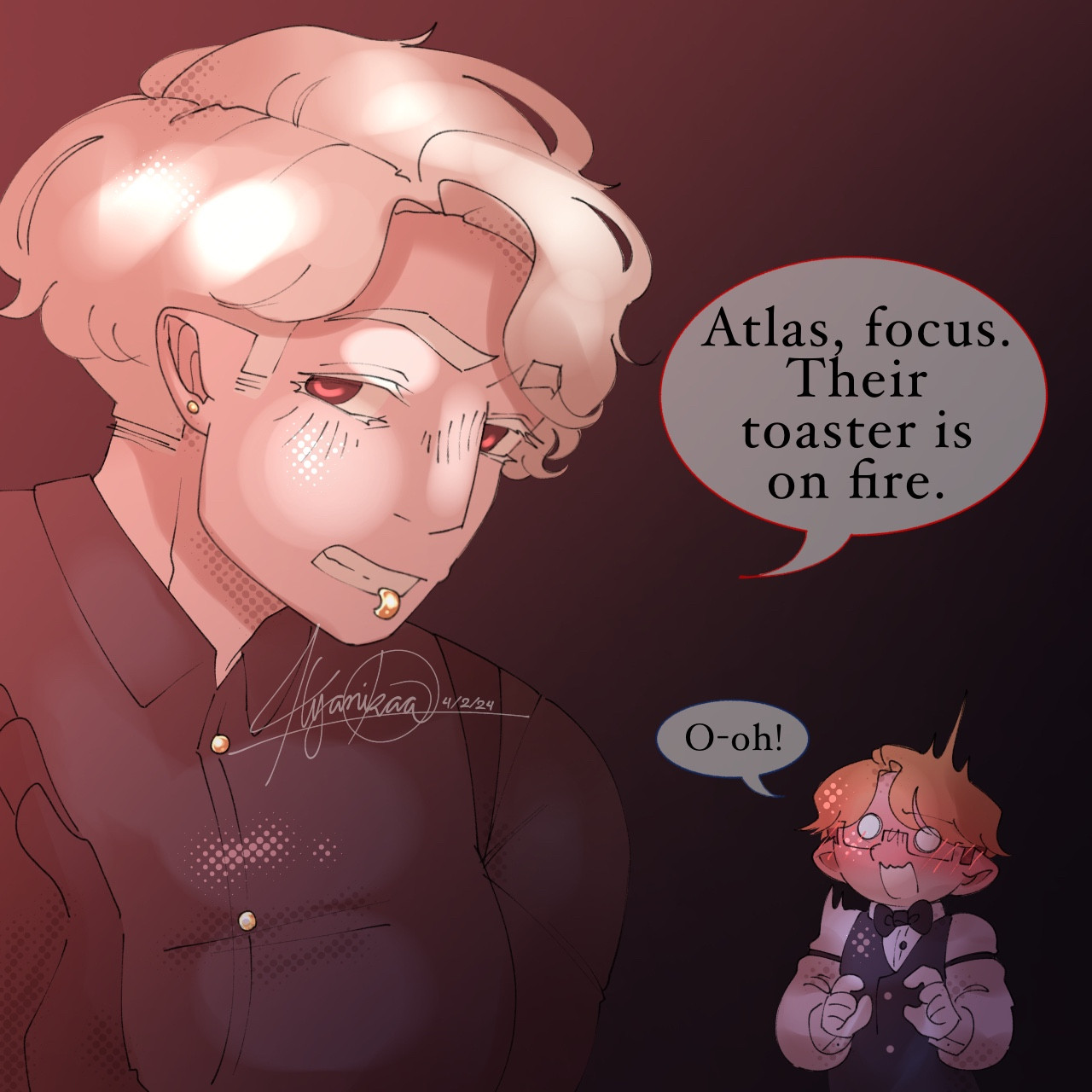 A one panel comic showing Agent Diamond peeking out, saying "Atlas focus. Their toaster is on fire." And Atlas responds with a flustered "O-oh!"