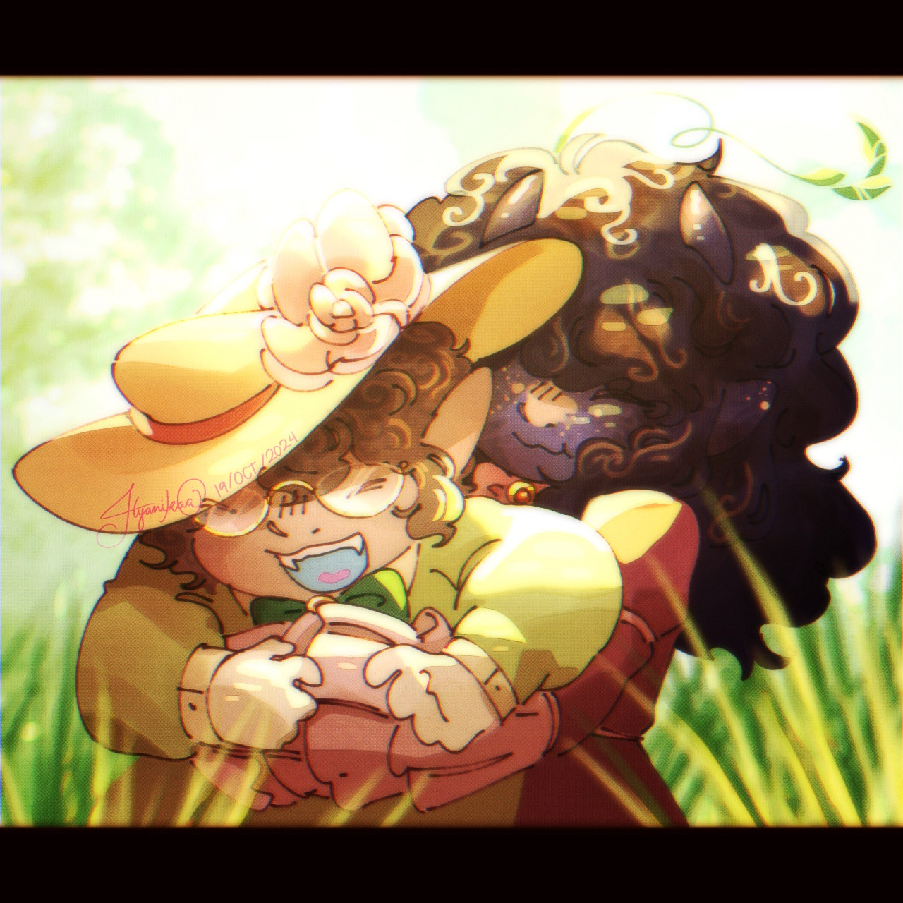 A warm fuzzy drawing of two siblings playfully hugging under the sun in grassy field